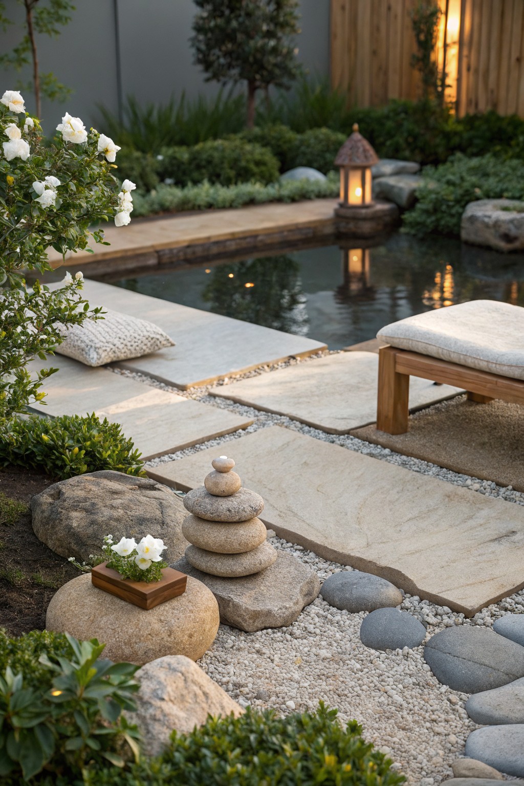 Backyard zen garden with small reflective pond, stacked gray rock towers, large boulders, white pebble ground cover, stone slab paths, white flowers in wooden planter, wooden daybed with cushions, lit lantern, shrubs, and fence backdrop.