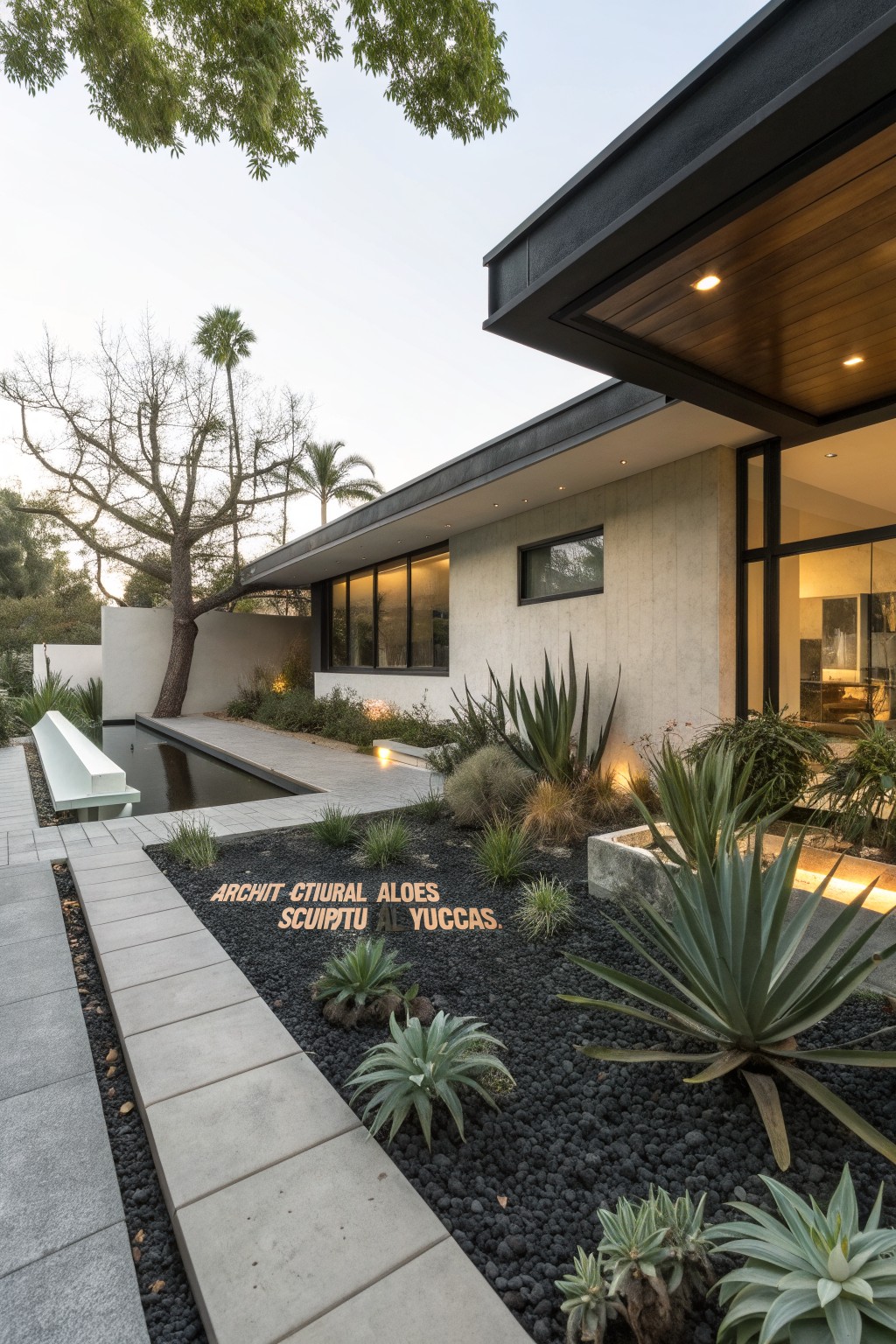 Modern house exterior with concrete pathway, reflecting pool, black gravel mulch beds planted with agaves and succulents, and large glass windows beside a palm tree.