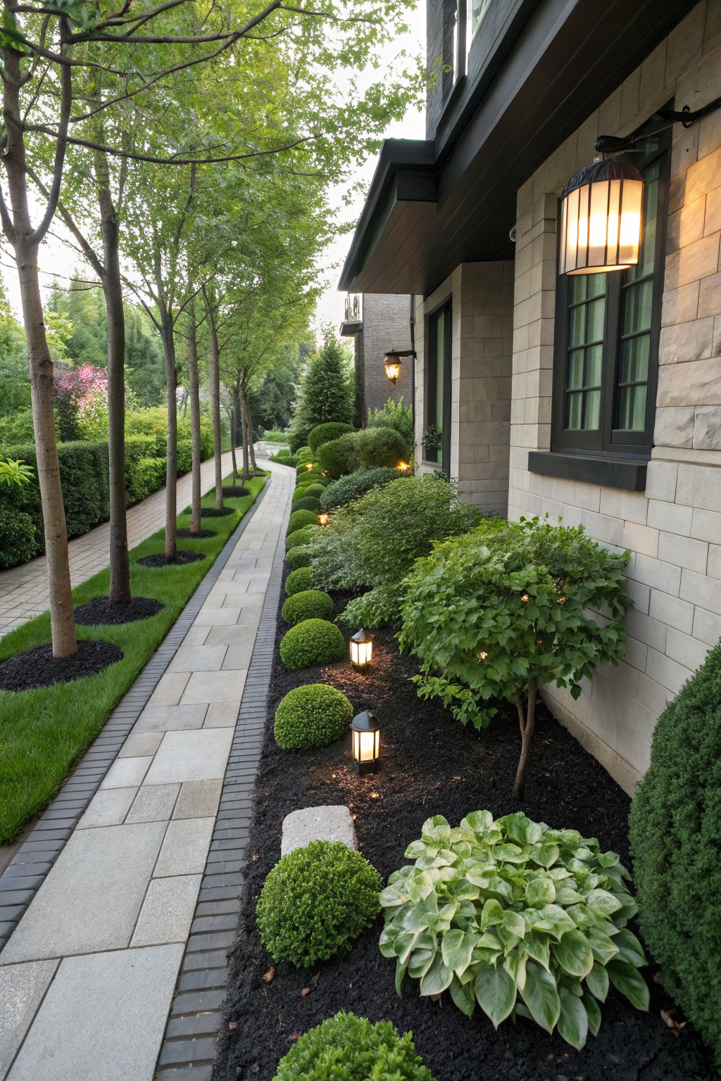 Stone pathway bordered by lawn and trees on one side and black mulch flower beds with boxwood shrubs, hostas, and small boulders on the other, next to a light brick house wall with mounted lanterns and ground lights.