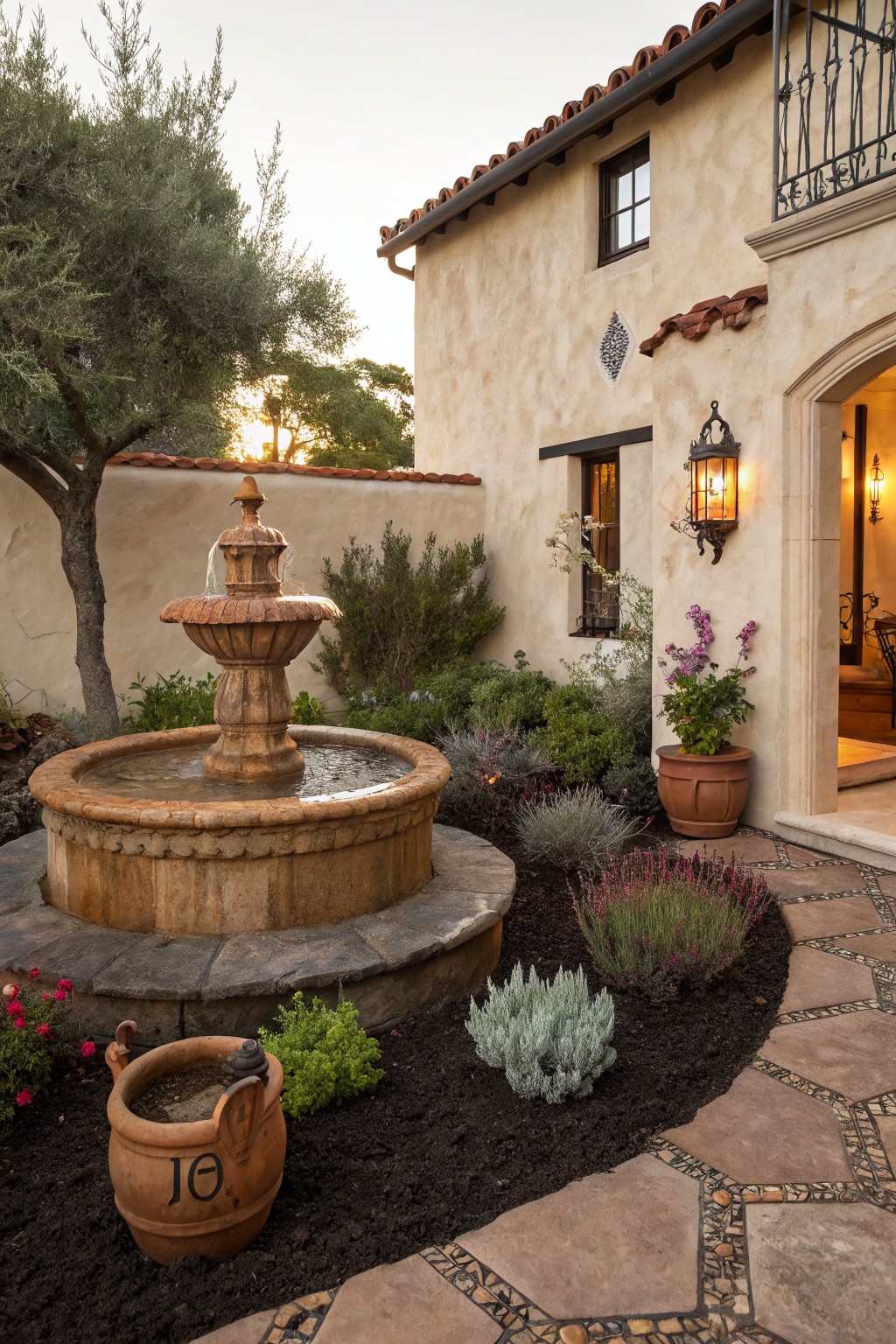 Stone fountain in a courtyard surrounded by curved flower beds filled with black mulch and various plants including lavender and shrubs, adjacent to a stucco house wall with arched doorway and stone pathway.