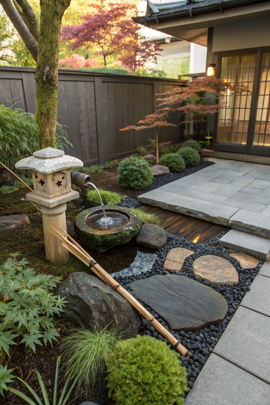 Japanese-style garden with a stone lantern fountain pouring water into a mossy basin, surrounded by black pebble mulch, green ferns and moss balls, large rocks, bamboo poles, and stepping stones leading to a slate patio deck with shoji screens in the background.