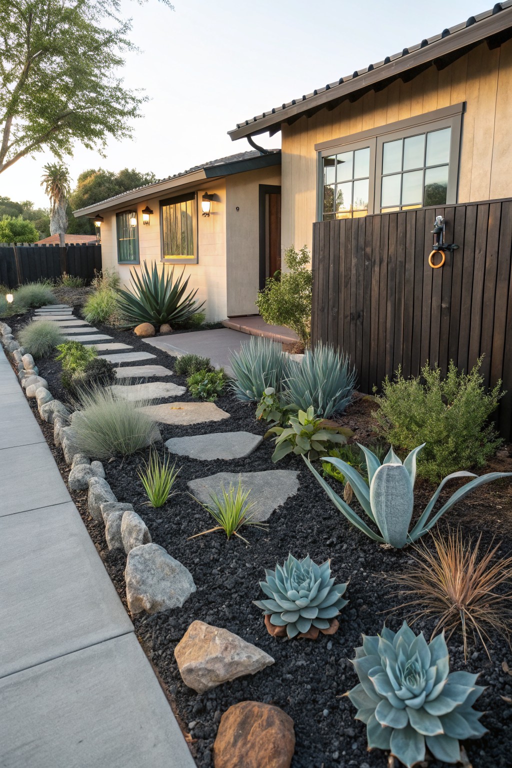 Side yard pathway of irregular stone steps bordered by black gravel mulch garden beds planted with agave, aloe, and echeveria succulents, edged with large natural rocks next to a concrete sidewalk and beige stucco house.