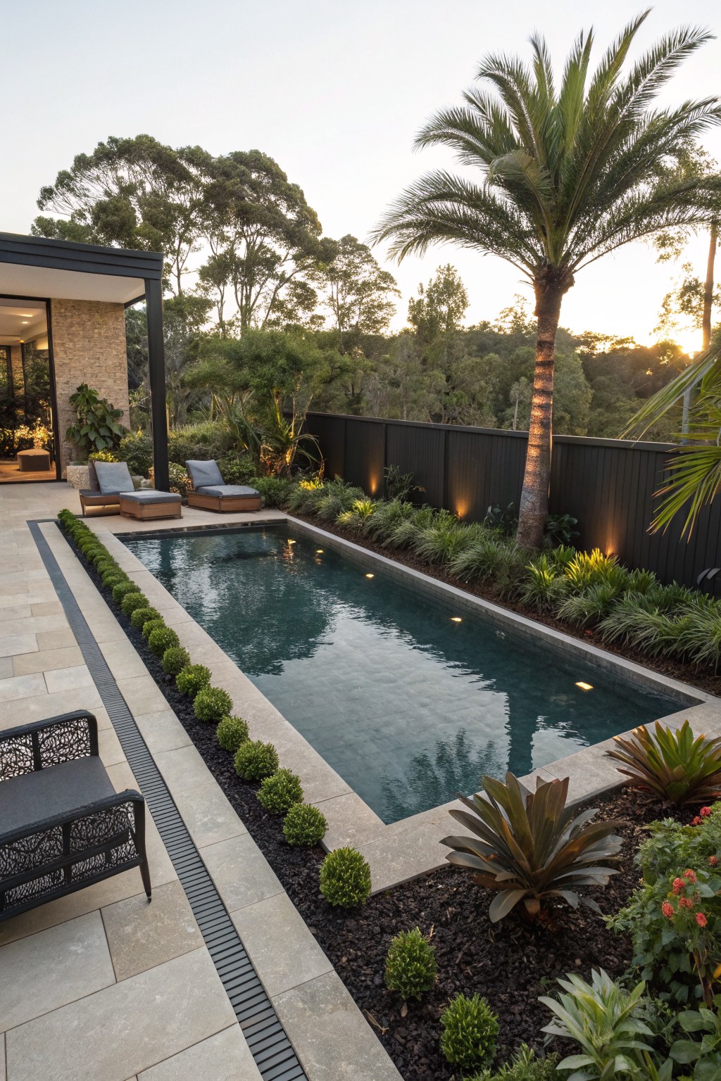 Narrow rectangular pool edged with black mulch flower beds containing boxwood shrubs, grasses, and tropical plants, surrounded by light travertine pavers, outdoor loungers, and a modern house with black fence in the background.