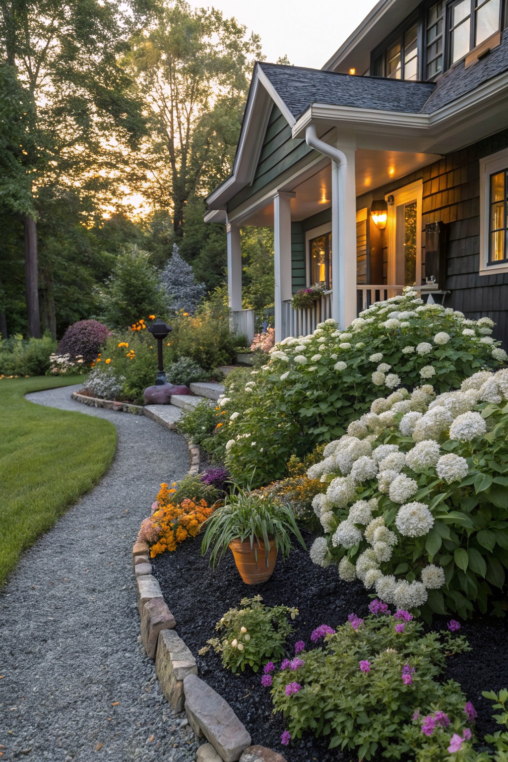 Curved gravel path bordered by black mulch flower beds filled with white hydrangea bushes, orange marigolds, purple flowers, and stone edging, leading to the porch of a green shingled house surrounded by trees.