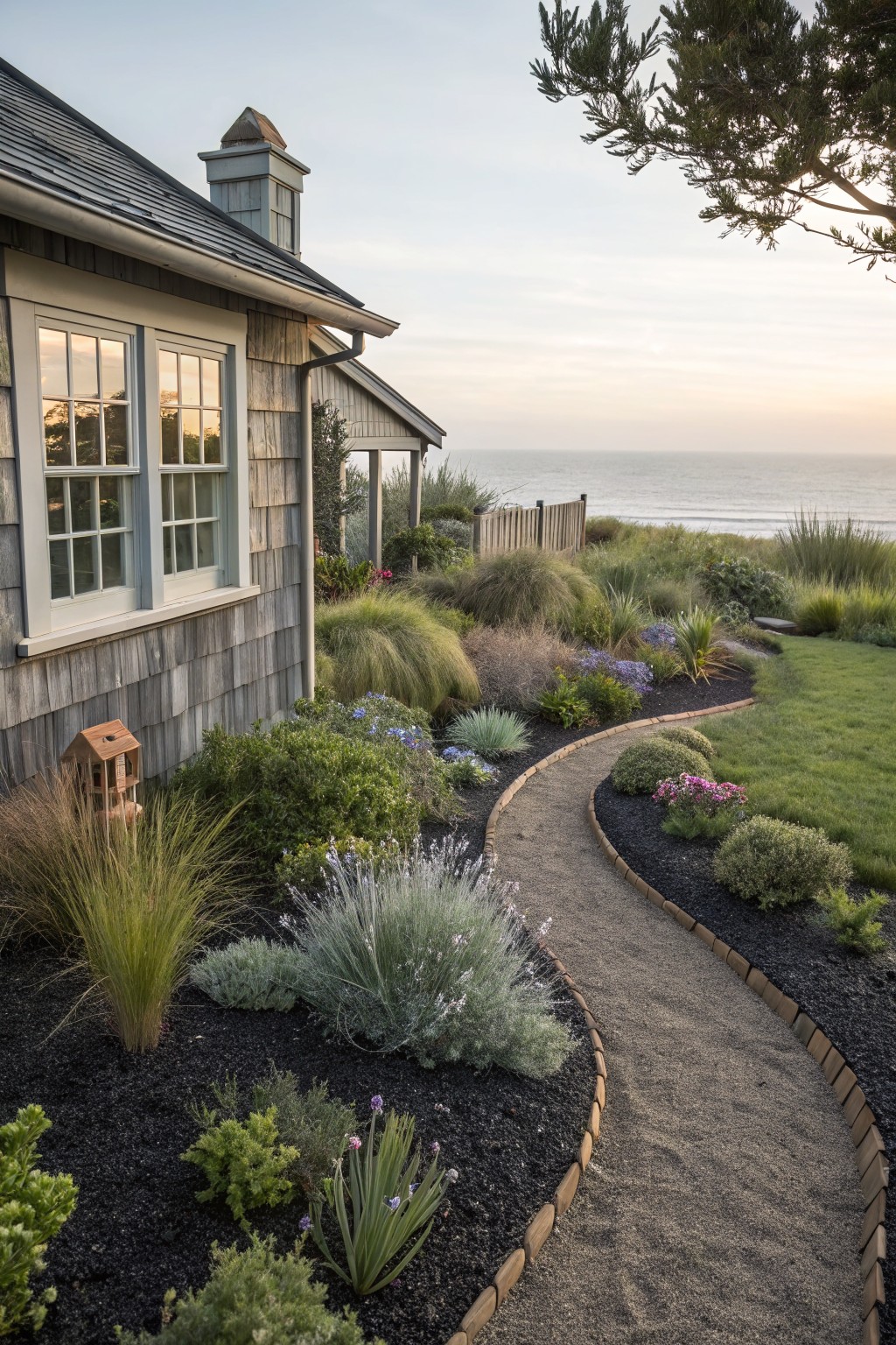 Side view of a shingle-style coastal house with black mulch flower beds containing grasses, succulents, and perennials, bordered by a curving gravel path edged in wood, overlooking dunes and ocean.
