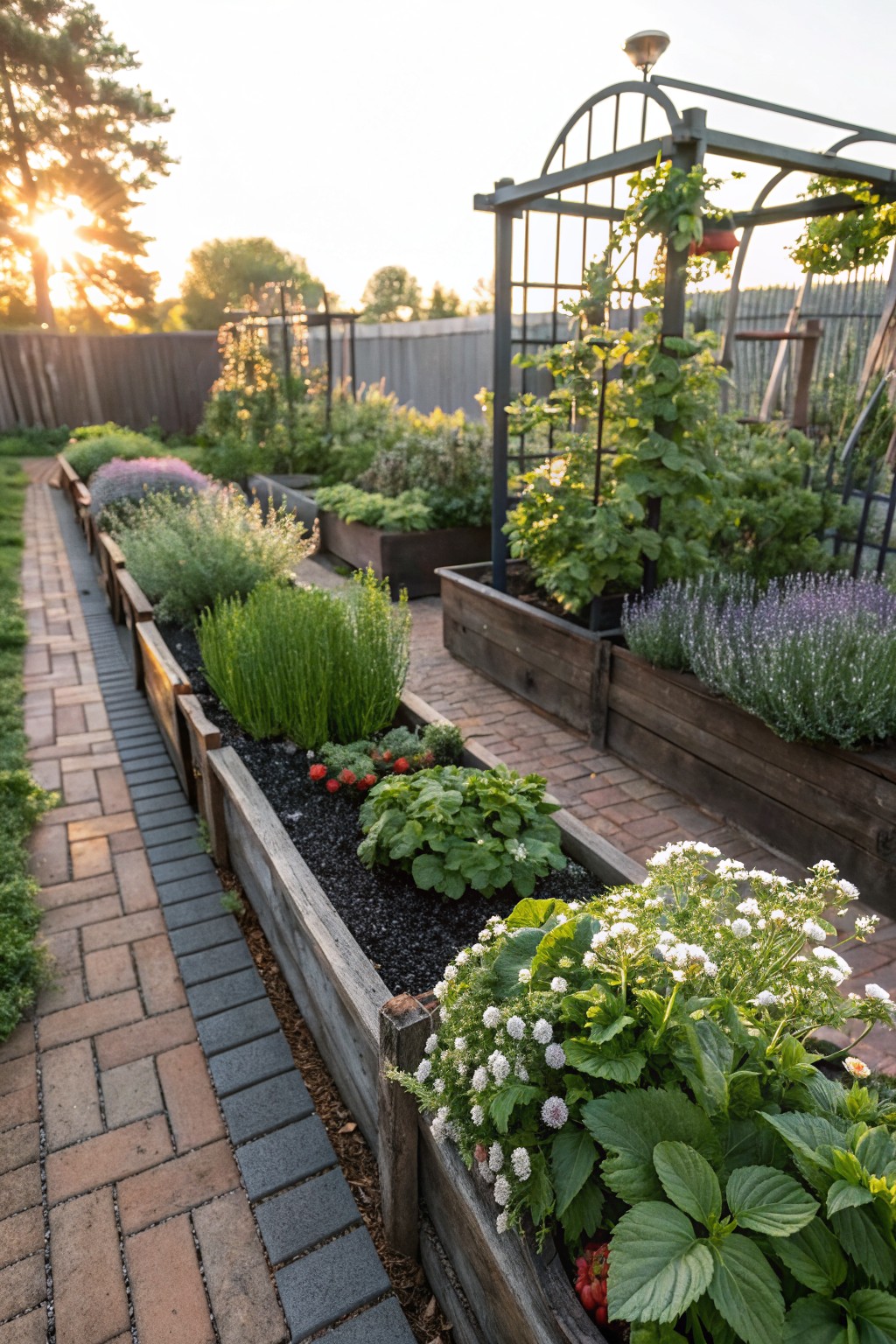 Wooden raised garden beds filled with black mulch and plants such as lavender, herbs, strawberries, and greens line a brick pathway, with metal arbors and a wooden fence in the background at sunset.