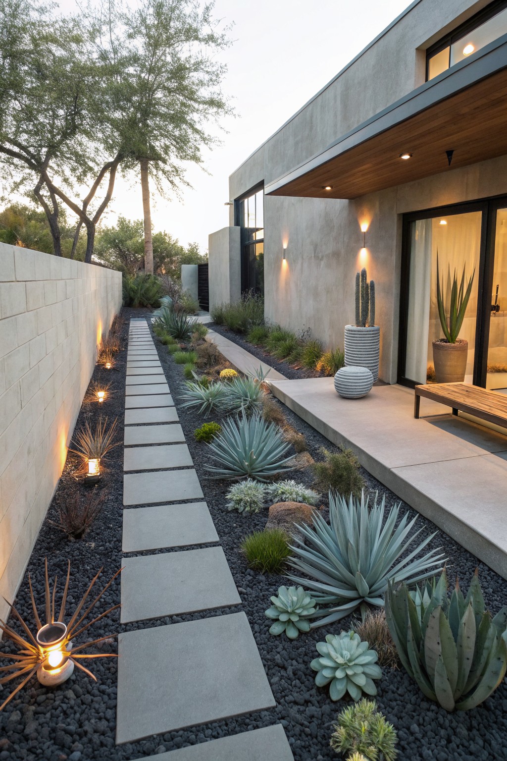 Black Mulch in Succulent Side Yard Beds