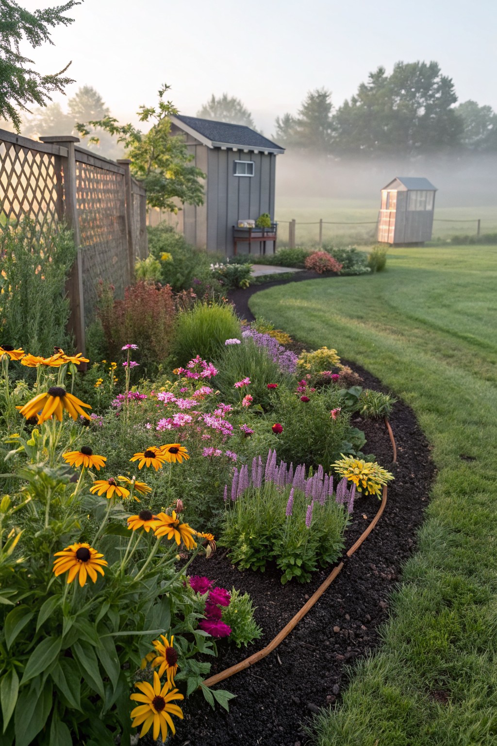 Misty garden scene with a curved flower bed edged in black mulch and filled with yellow black-eyed Susans, pink and purple flowers, bordered by lawn and wooden fence, two sheds visible in background.