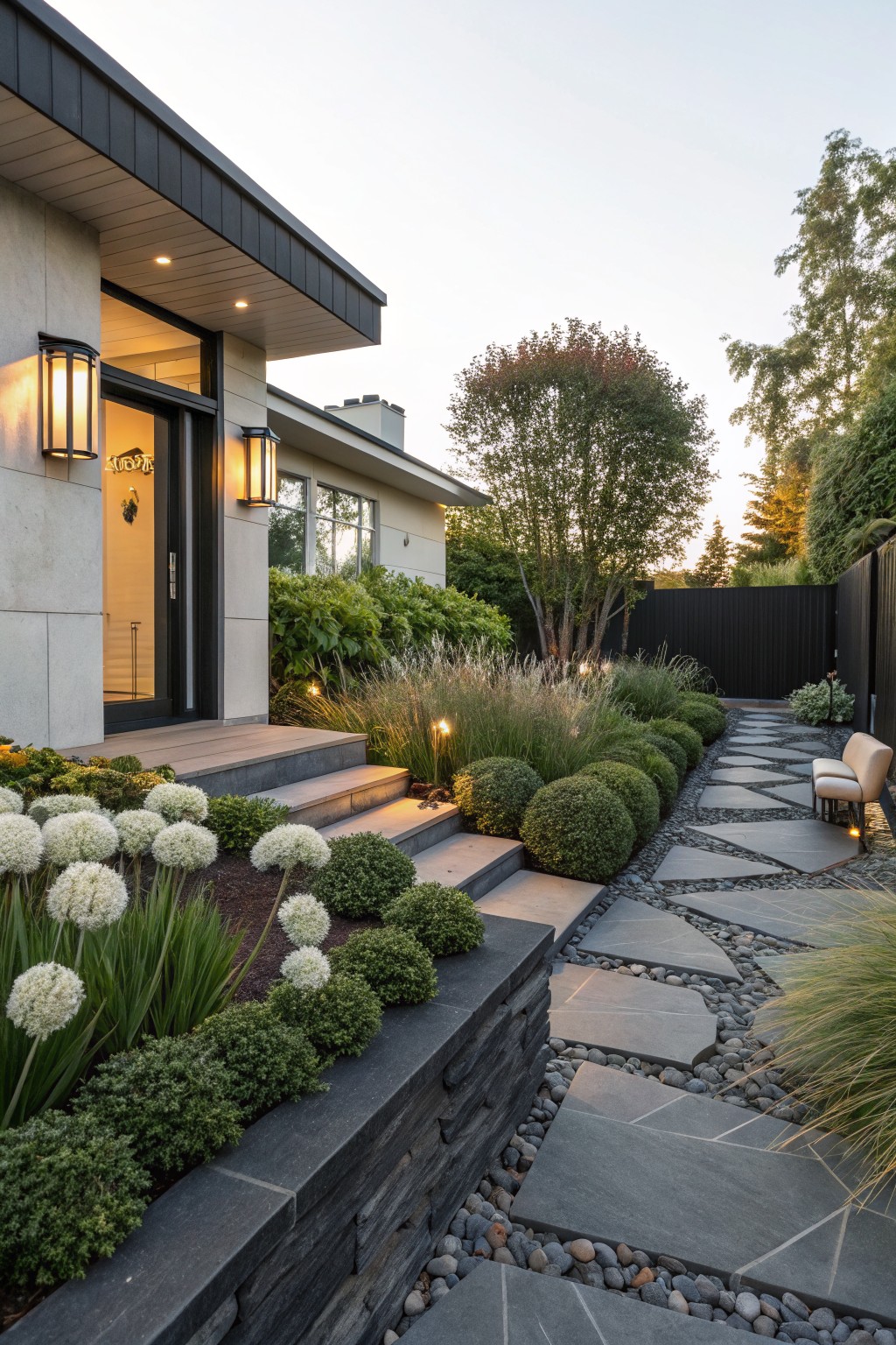 Modern house front entrance at dusk with concrete steps to a dark door, flanked by raised stone-edged beds of white spherical flowers, variegated grasses, and clipped green shrubs over dark pebble mulch, a stepping stone path with pebbles between, boxwoods, tall grasses, trees, and fence in the background.