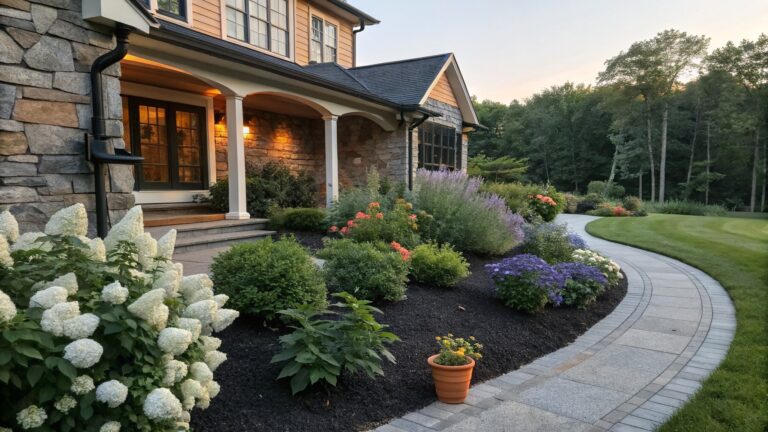 Curved gravel path bordered by black mulch flower beds filled with white hydrangea bushes, orange marigolds, purple flowers, and stone edging, leading to the porch of a green shingled house surrounded by trees.
