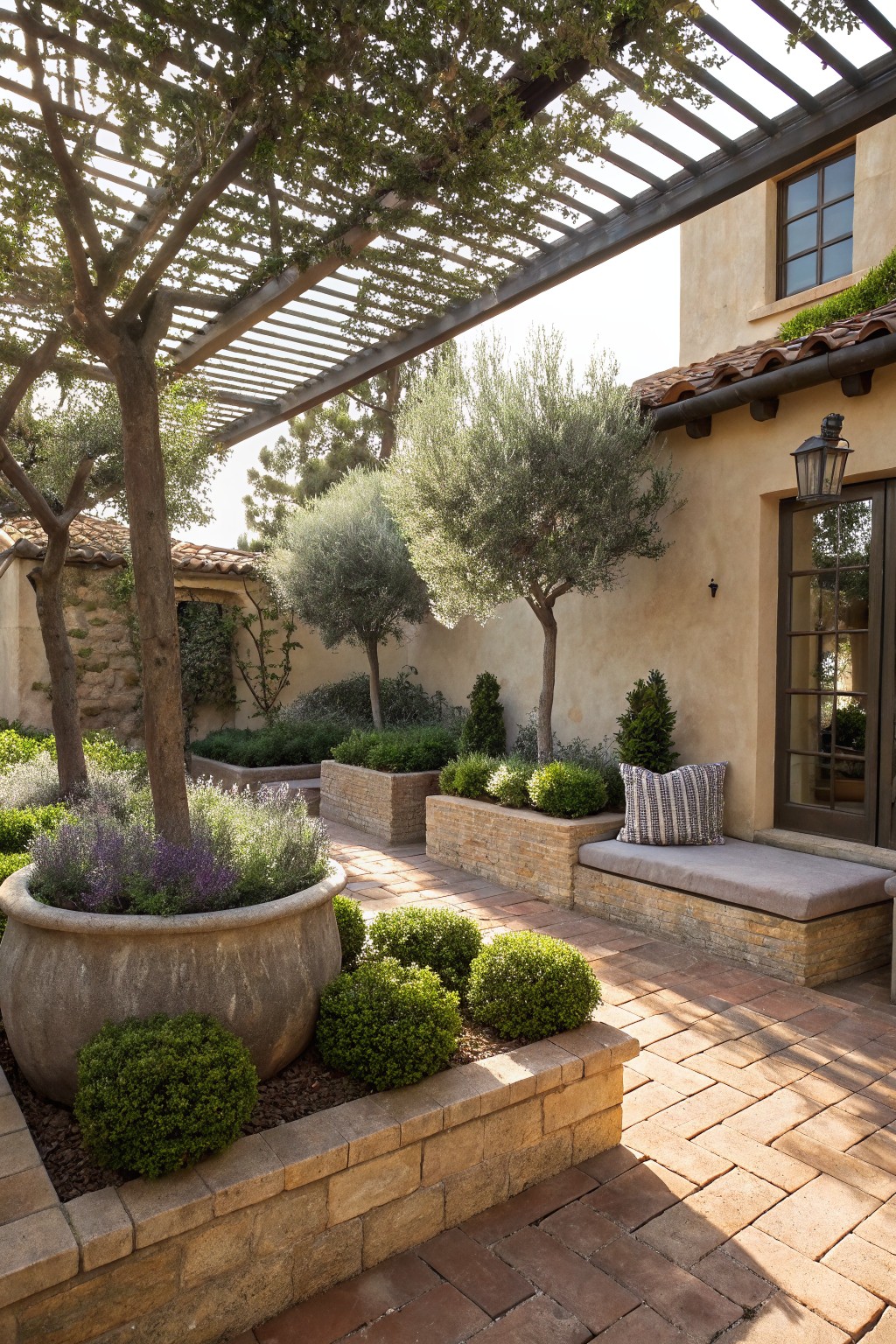 Landscaped courtyard with raised stone beds planted with boxwood shrubs, lavender, and other greenery, olive trees, a large terracotta pot, brick paver path, wooden pergola overhead, bench seat by French doors on beige stucco wall.