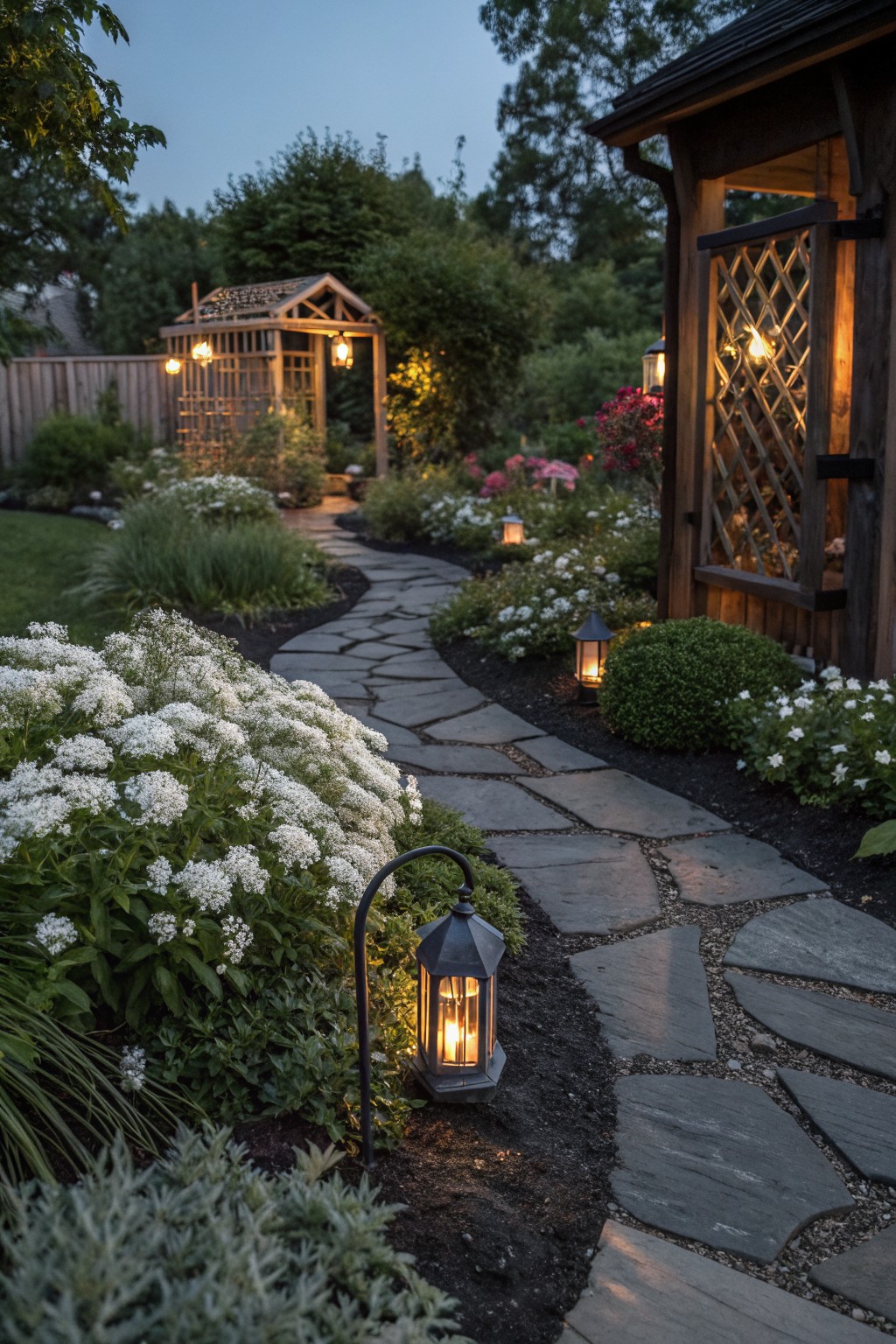 Winding flagstone path through a garden bordered by flower beds with black mulch, white flowering plants, ornamental grasses, shrubs, and lanterns at dusk.