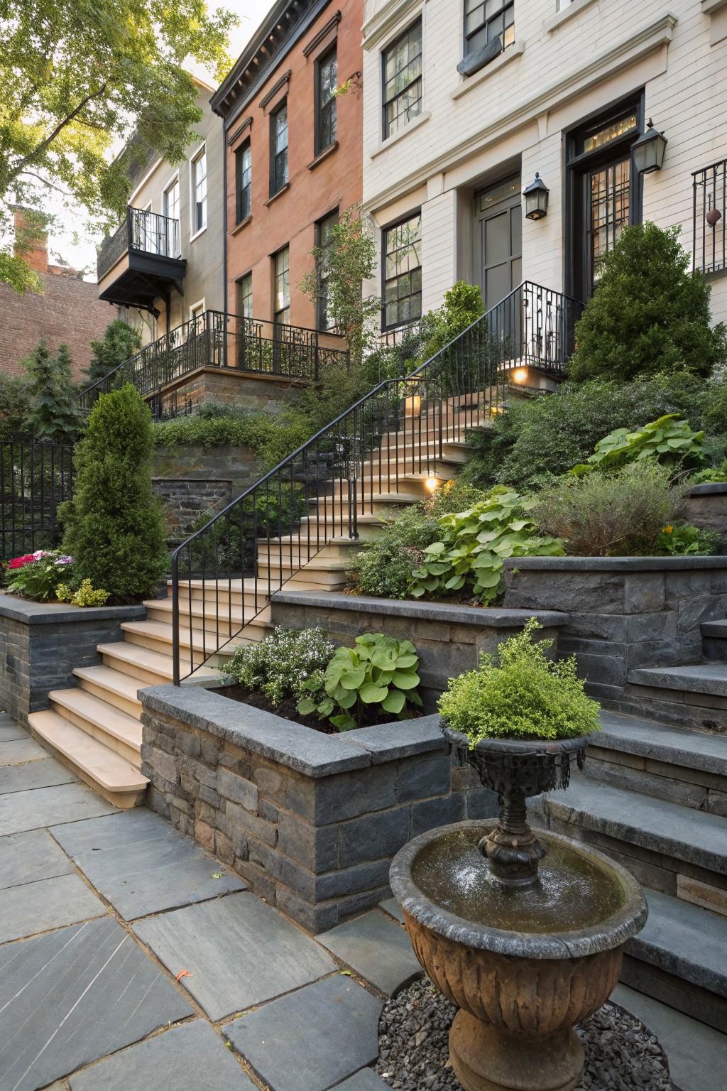 Row houses with terraced dark stone stairs leading to front doors, lined with planted beds containing dark mulch, various green shrubs and flowers, and a stone fountain at the base.
