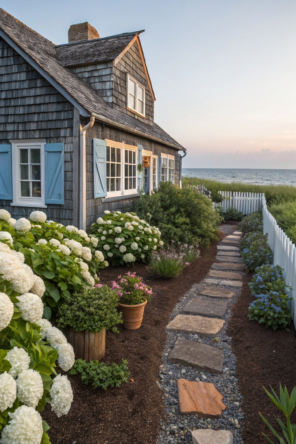 Gray shingled beach house with blue shutters and white trim, flower beds of white hydrangeas and dark mulch along a winding stone path, white picket fence, and ocean view in background.