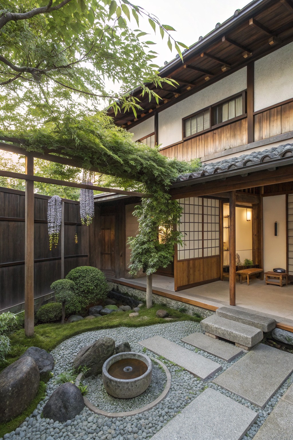 Wooden pergola with cascading purple wisteria flowers over a gravel and stone garden path beside a traditional Japanese house with shoji screens and wooden entry.