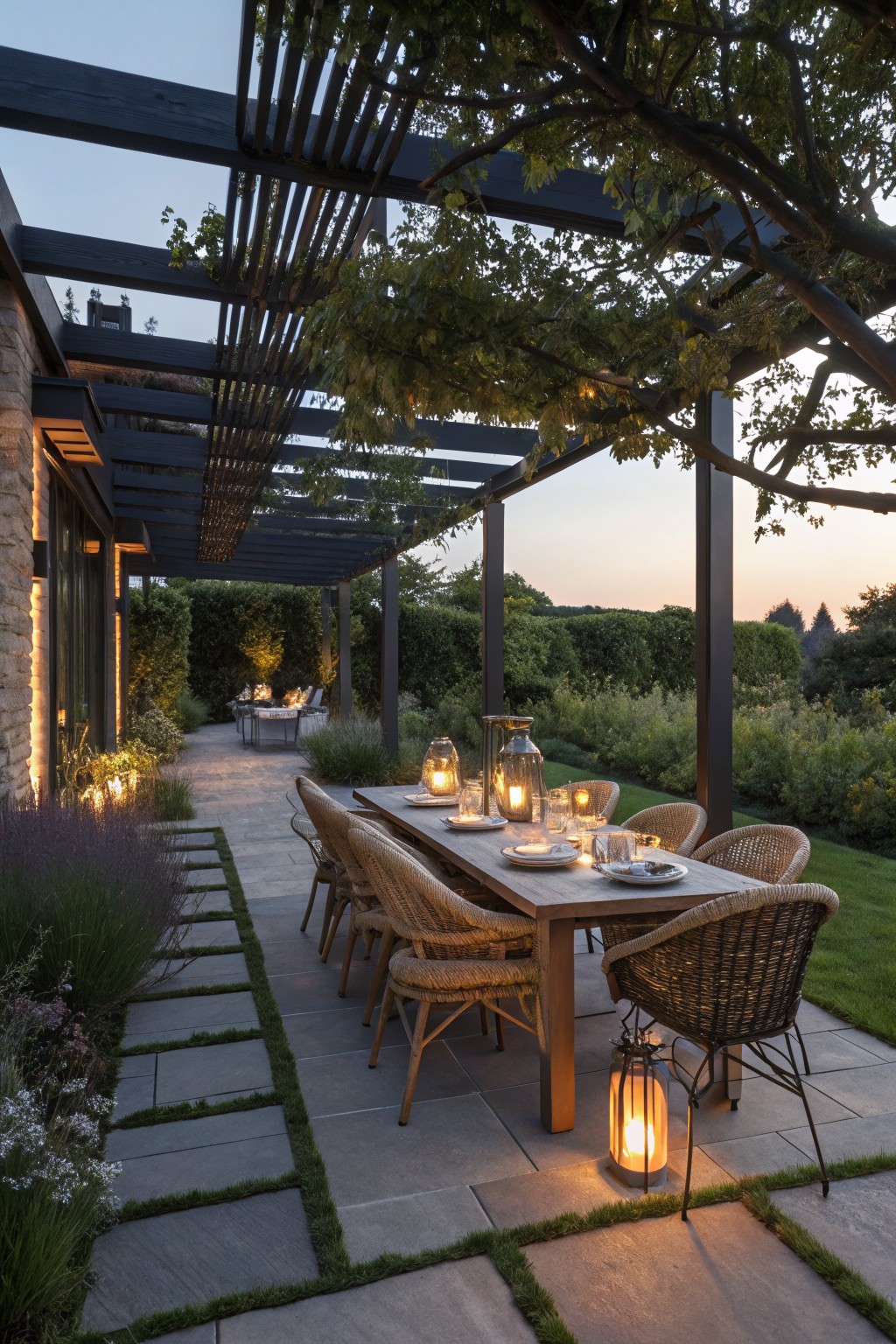 Outdoor patio dining table with rattan chairs and lanterns under a black slatted pergola covered in green vines, next to a stone house wall with hedges and paver paths at dusk.