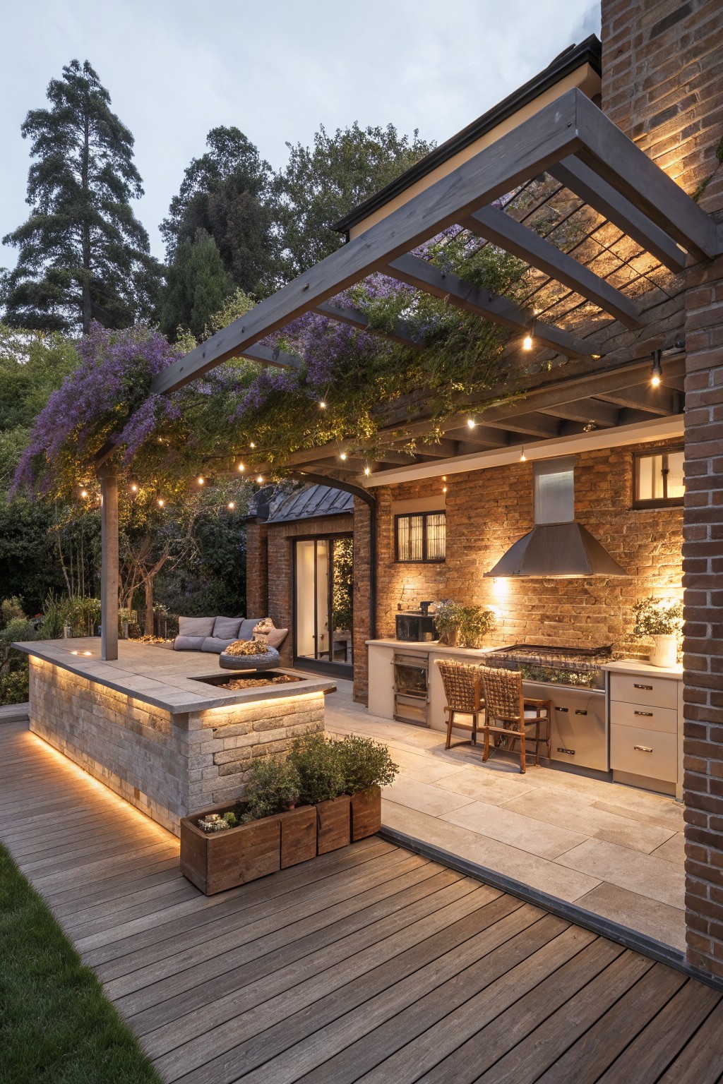 Backyard patio with brick outdoor kitchen, stone countertop and island, wooden pergola overhead draped in purple wisteria vines and string lights, wooden deck, and garden plantings.