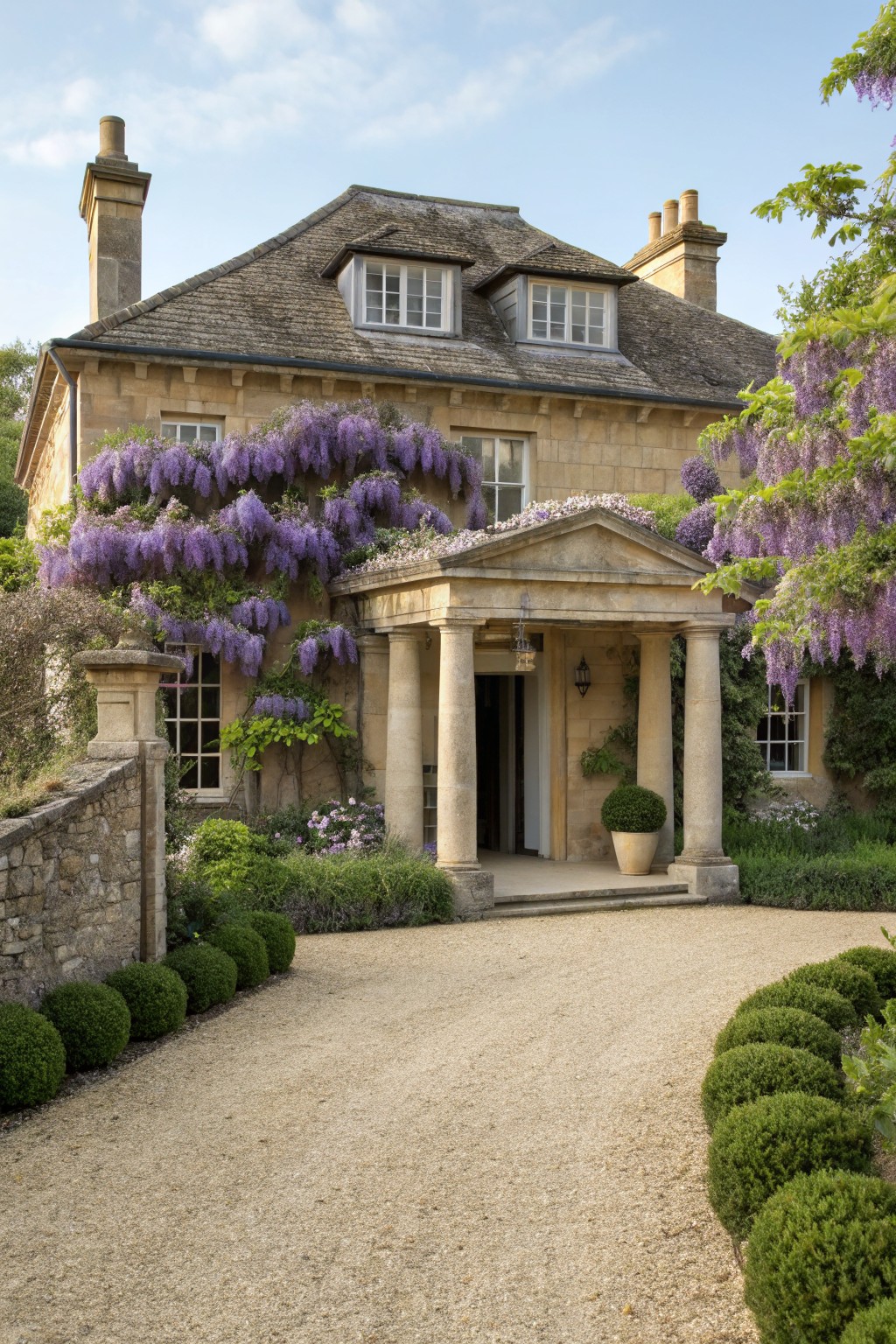 Beige stone house with a classical pedimented portico entrance covered in blooming purple wisteria vines, stone walls, clipped shrubs, and a gravel driveway.