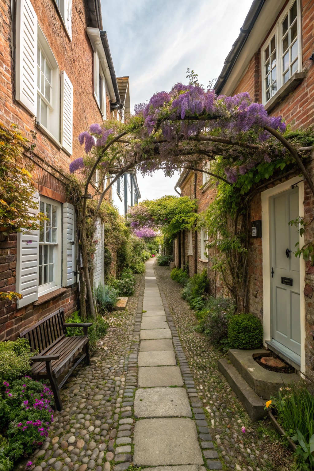 Narrow pathway of stone slabs and cobbles between red brick houses with white shutters, spanned by a wooden archway draped in purple wisteria blooms, wooden bench and plants along one side.