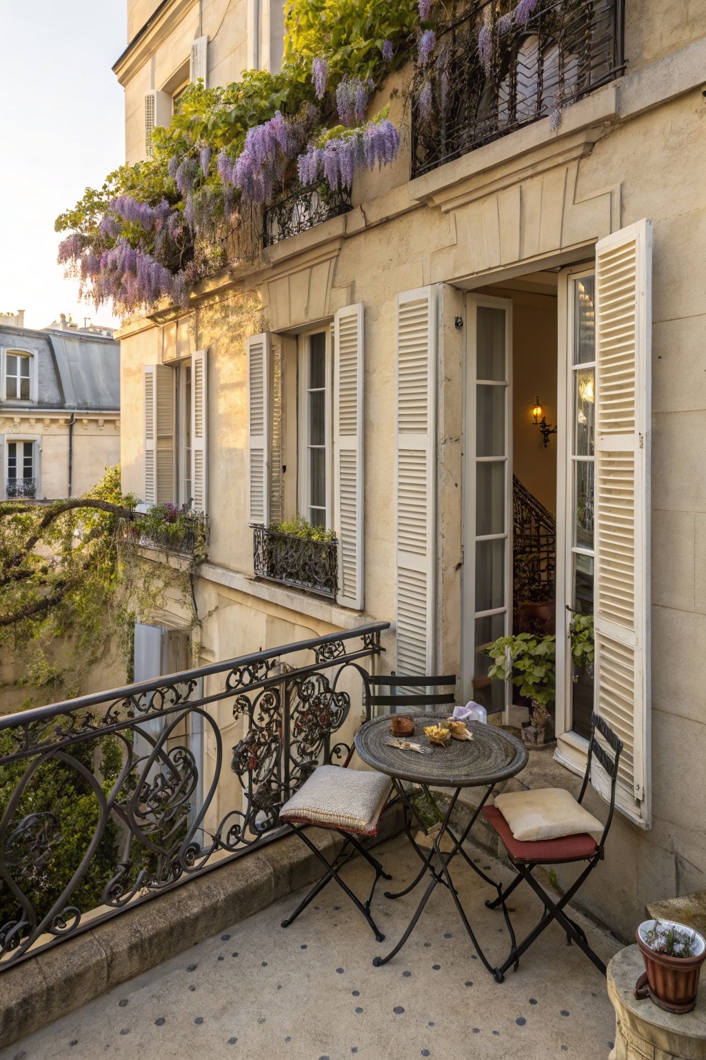 Beige stone Paris building exterior with purple wisteria vines cascading over wrought-iron balconies, open French doors, small bistro table and chairs on the balcony floor, and potted plants.