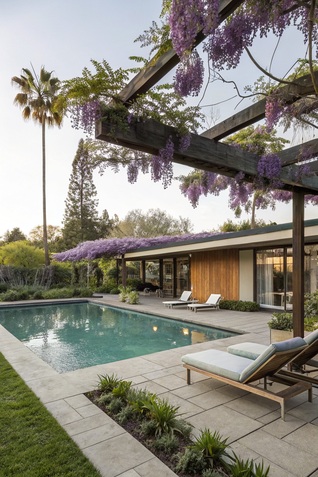 Modern low-profile house with wooden siding and flat roof beside a rectangular pool, wooden pergola overhead covered in purple wisteria blooms, two lounge chairs on gray stone patio, palm trees and other landscaping in the background.