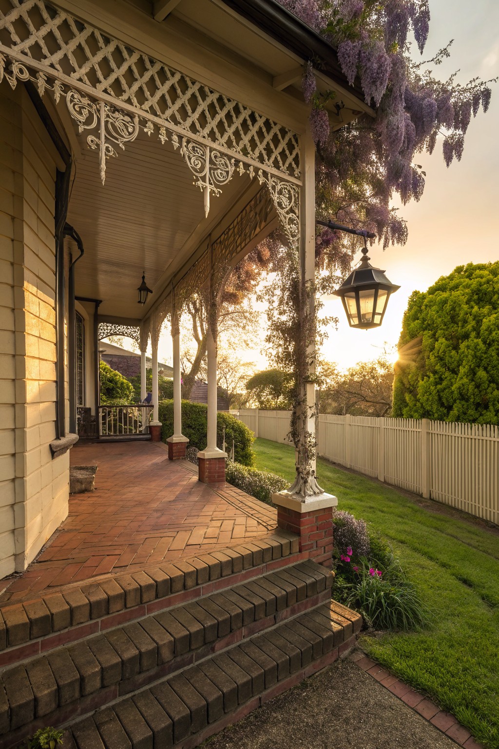 Cream brick house with white ornate veranda porch covered in cascading purple wisteria vines, brick steps, potted plants, garden bed, white picket fence, and hanging lantern at sunset.