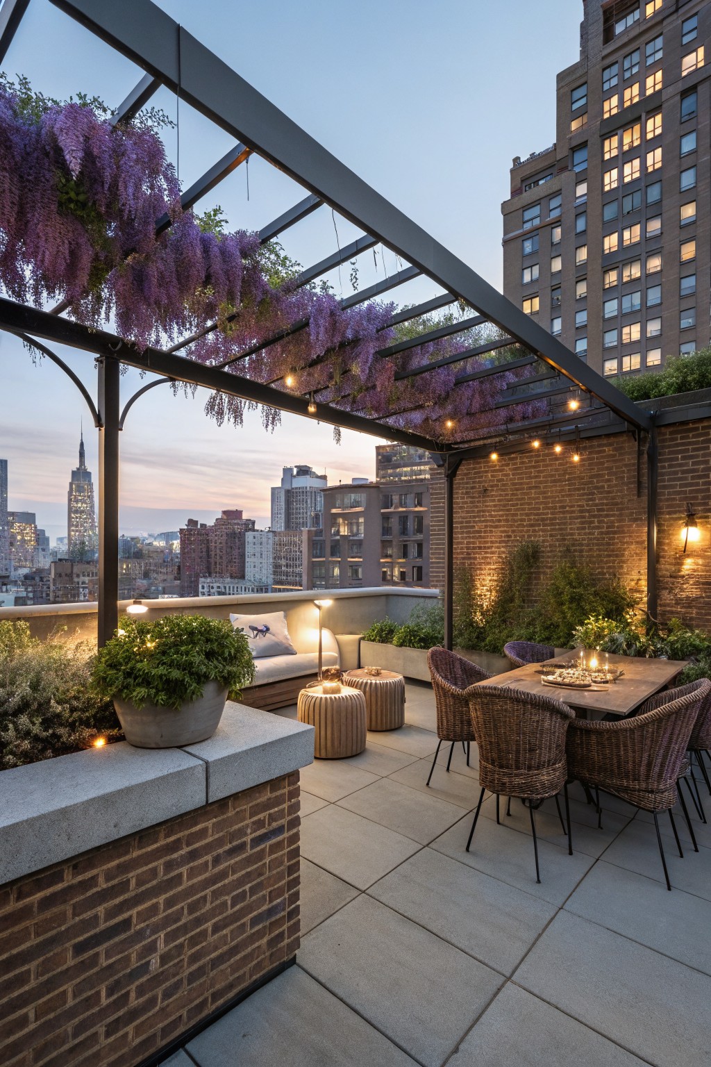 Rooftop terrace with black metal pergola covered in cascading purple wisteria, brick walls, concrete floor, wicker dining set, lounge seating, potted plants, string lights, and New York City skyline view at dusk.