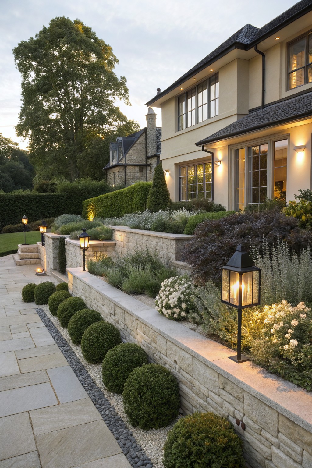 Paved stone pathway edged with spherical clipped boxwood shrubs next to terraced stone retaining walls planted with ornamental grasses, perennials, dark shrubs, and white flowers, with lanterns along the border near a beige house exterior at dusk.