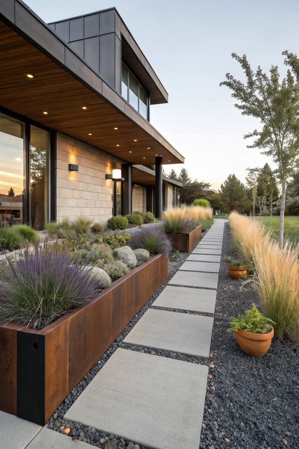 Contemporary house exterior with corten steel raised planters filled with ornamental grasses and plants lining a concrete paver pathway, gravel ground cover, stone walls, and trees in the background at dusk.