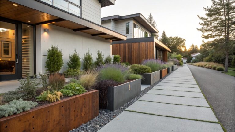 Contemporary house exterior with corten steel raised planters filled with ornamental grasses and plants lining a concrete paver pathway, gravel ground cover, stone walls, and trees in the background at dusk.