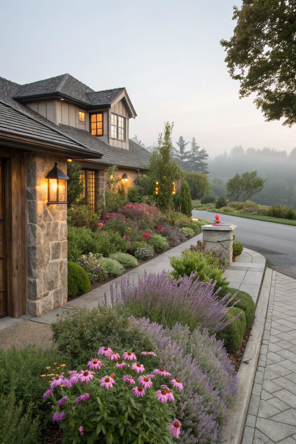Stone and wood house exterior with lantern lights at the entry, bordered by flower beds of pink coneflowers, lavender, shrubs, and other plants along a paved walkway and driveway edge, misty wooded background.