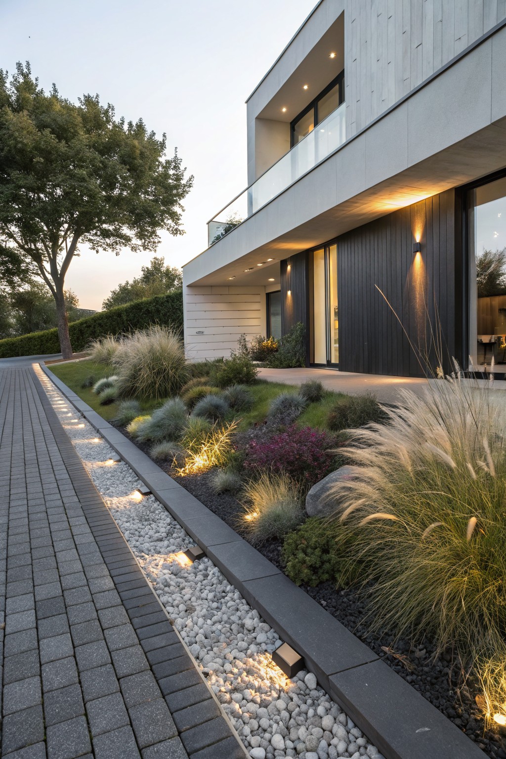 Modern gray house exterior featuring a paved driveway bordered by concrete-edged landscape beds with white gravel mulch, ornamental grasses, low shrubs, and integrated path lighting.