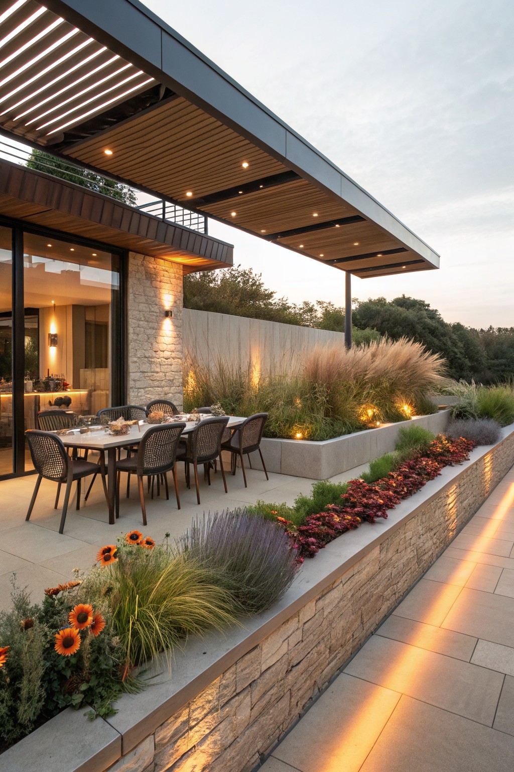 Modern outdoor terrace with long rectangular dining table and woven chairs, bordered by linear raised concrete planters filled with tall ornamental grasses, colorful flowers, and integrated LED lighting, stone walls, glass doors to house, wooden slatted pergola overhead.