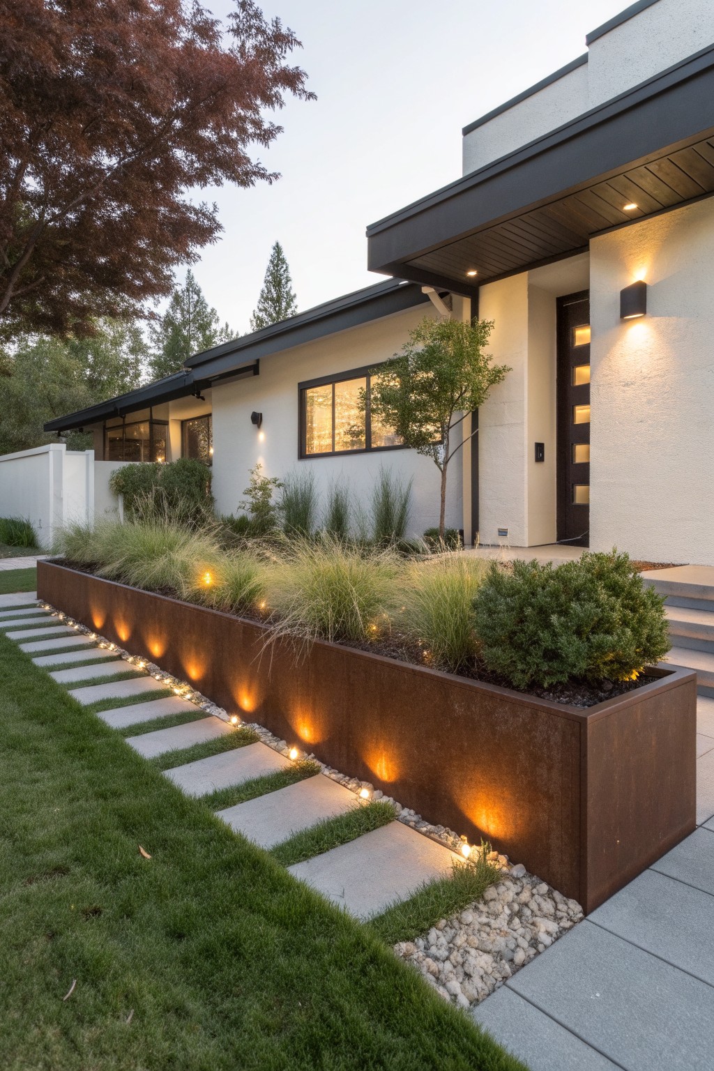 Contemporary house exterior with white stucco walls and black trim, alongside a long corten steel raised planter bed filled with ornamental grasses and boxwood shrubs next to a stepping stone pathway with embedded lights.
