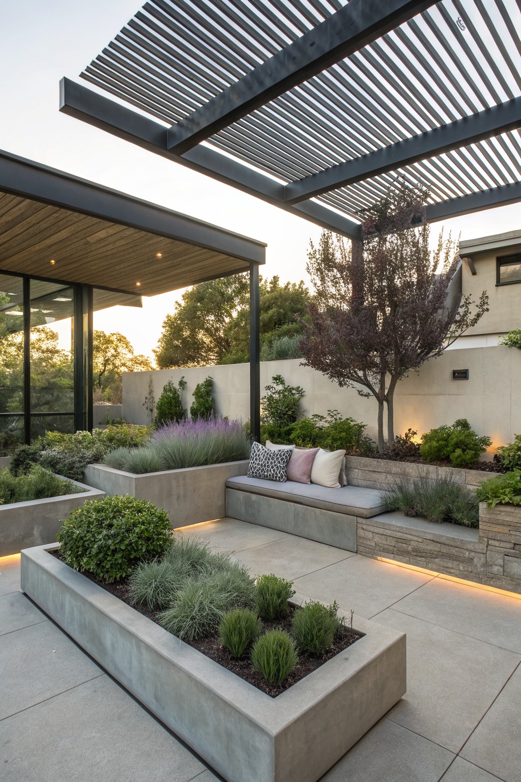 Outdoor terrace featuring large rectangular concrete planters filled with grasses, shrubs, and small trees, built-in bench seating along a raised bed, and a slatted metal pergola overhead against a modern house wall.