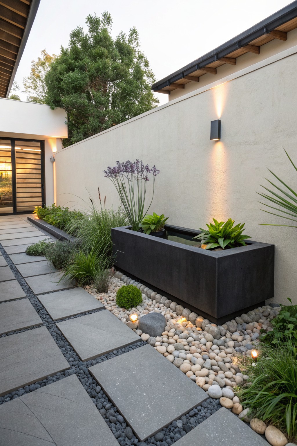 Gray paver pathway with black pebble borders leading to a long black rectangular raised planter filled with water, grasses, and green plants, beside a beige stucco wall with uplights and a glass door.