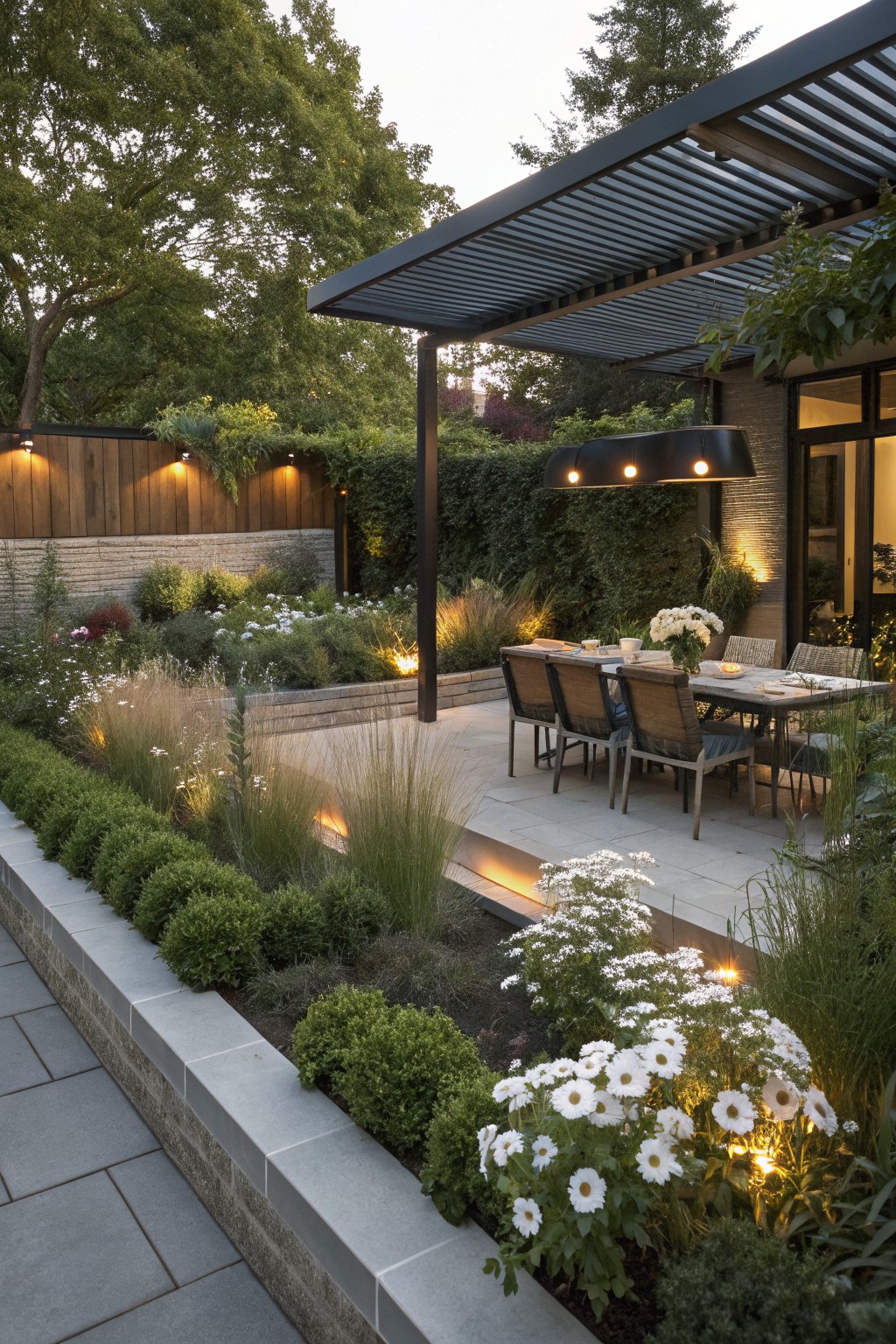 Modern outdoor patio dining area with wooden table and chairs, bordered by raised stone walls planted with boxwood shrubs, ornamental grasses, white daisy-like flowers, and integrated low lighting, adjacent to a house with a slatted pergola overhead.