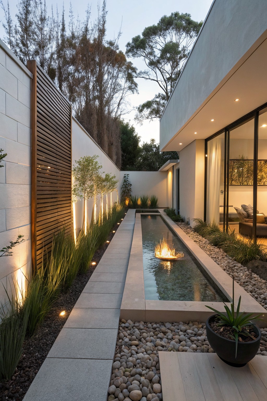 Narrow stone pathway flanked by tall grasses and uplights beside a shallow rectangular water channel with fire, adjacent to a white modern house wall with glass doors and wooden screen fence.