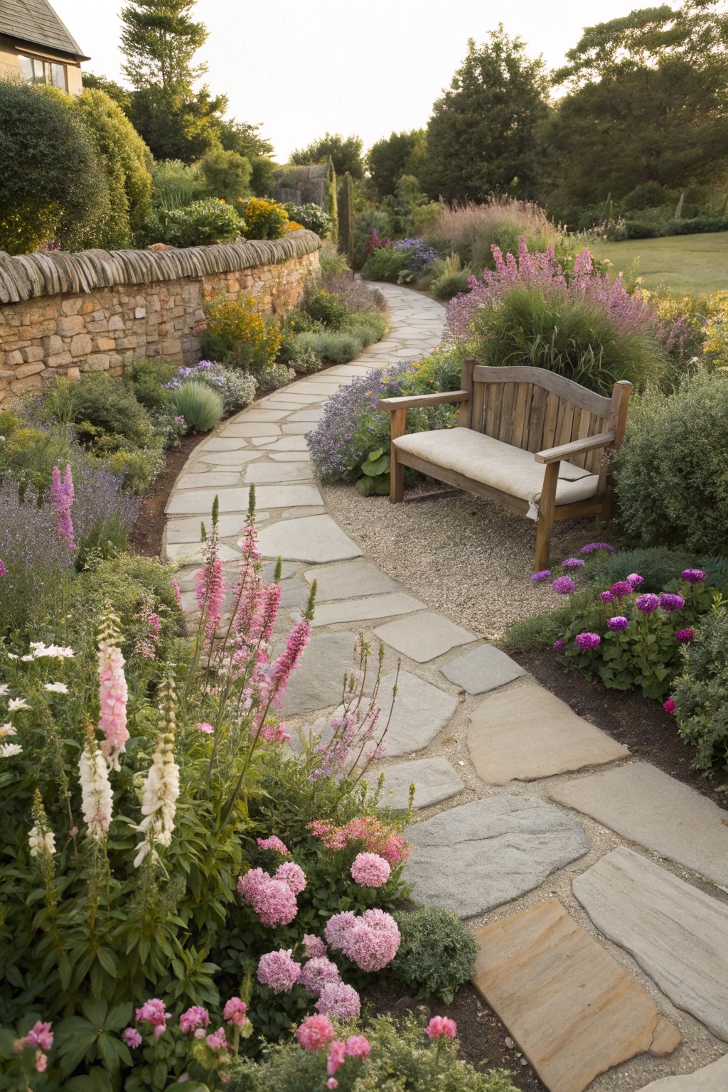 A curved path of irregular flagstone steps winds through dense flower beds with pink foxgloves, lavender, hydrangeas, and shrubs, passing a wooden bench, next to a stone wall in a garden.