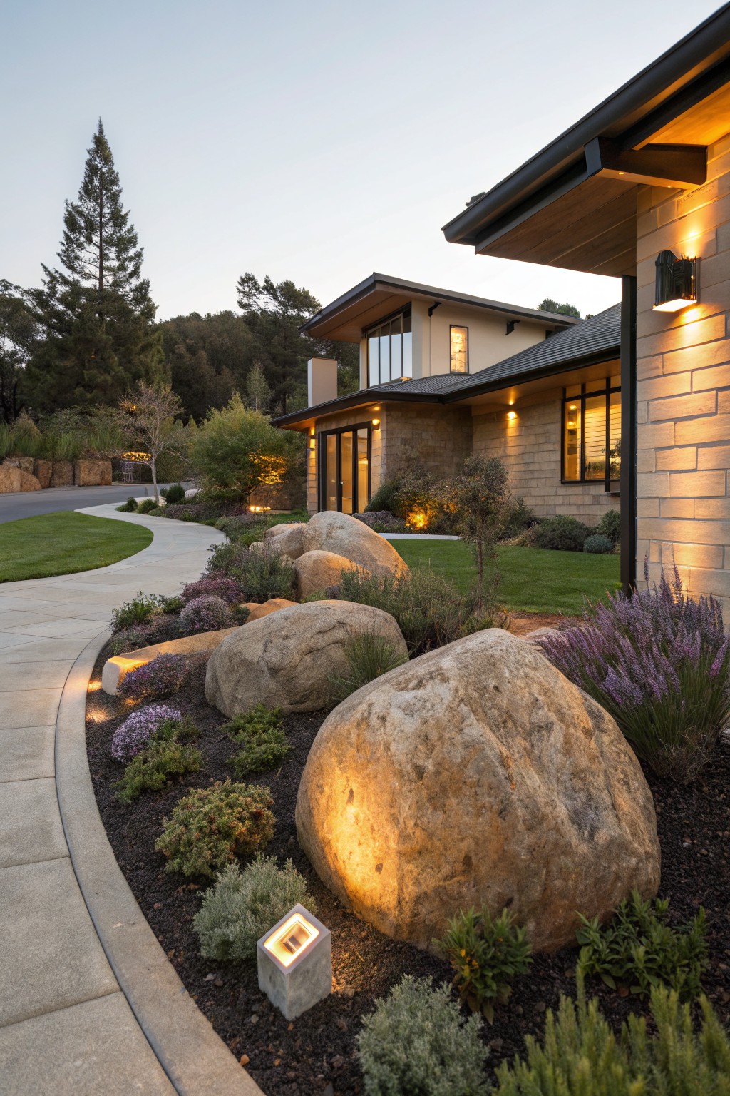 Curved concrete pathway leading to a modern stone house, bordered by large boulders, low shrubs, lavender plants, and uplights in landscaped beds.