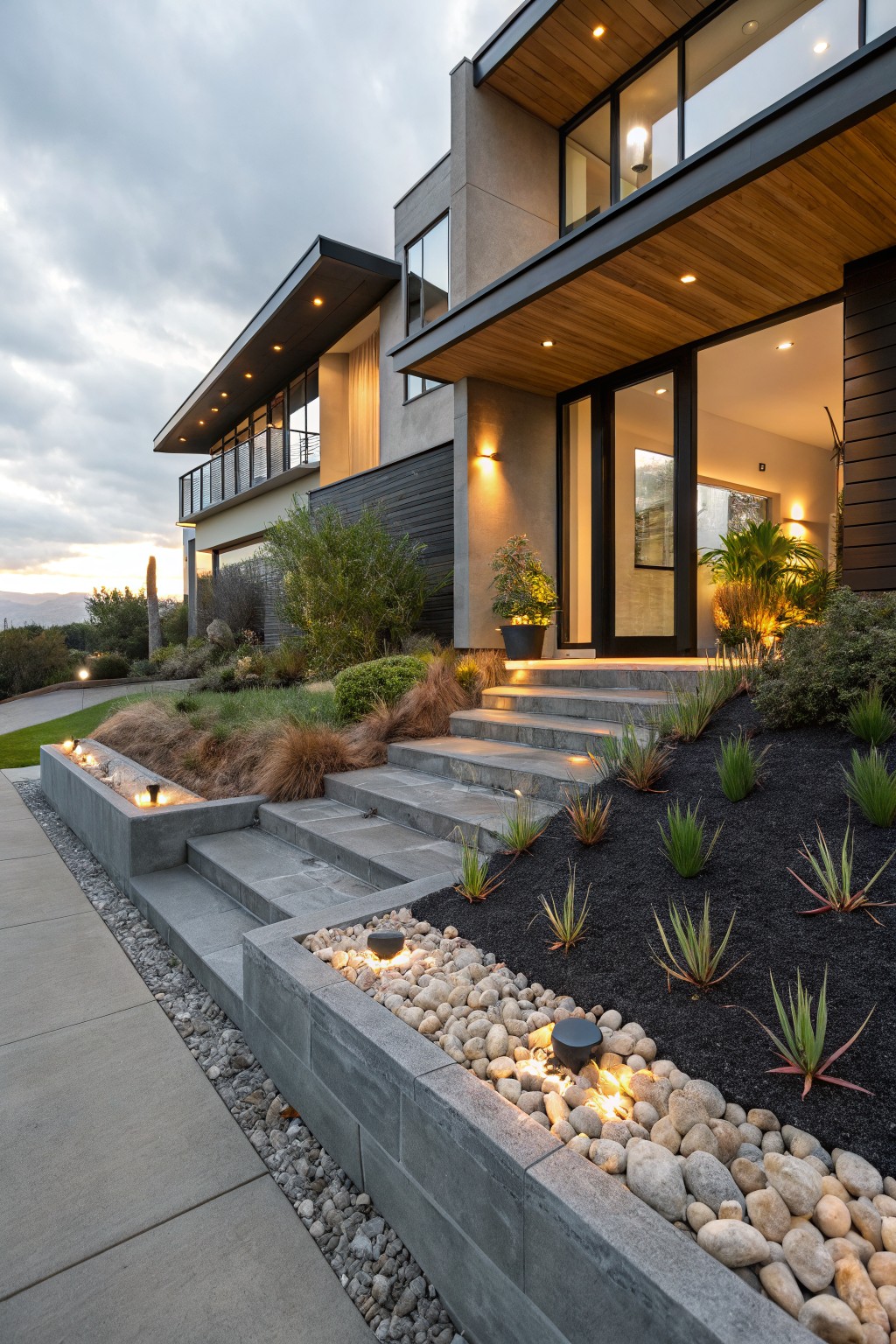Modern house exterior with concrete stairs ascending a slope to the entry door, bordered by low concrete retaining walls filled with white pebbles and rocks, agave plants in black mulch, and recessed lighting.