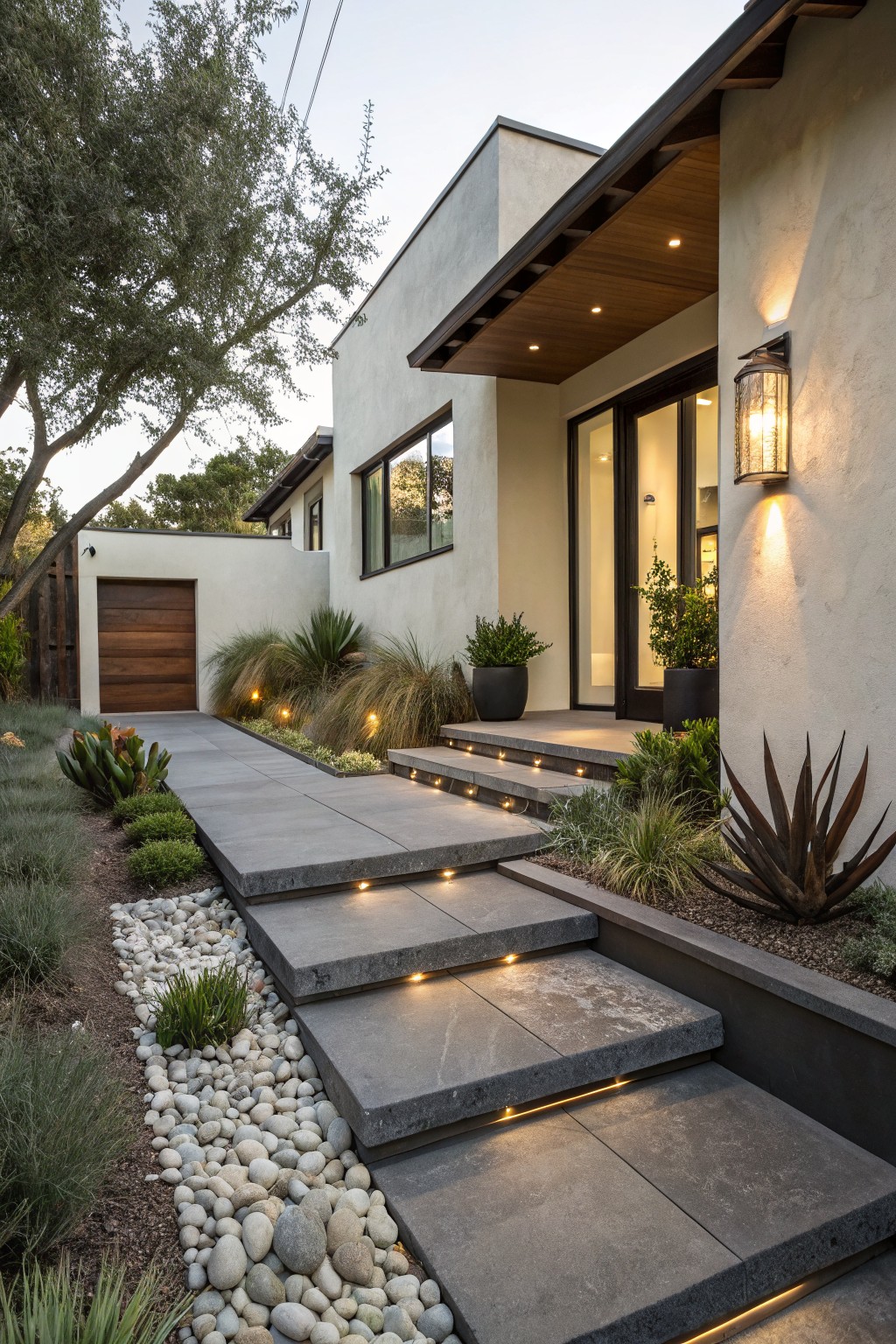 Modern beige stucco house exterior with dark wood garage door, glass entry door under a wooden overhang, concrete pathway and steps with LED edge lighting, bordered by white river rocks, grasses, and succulents.