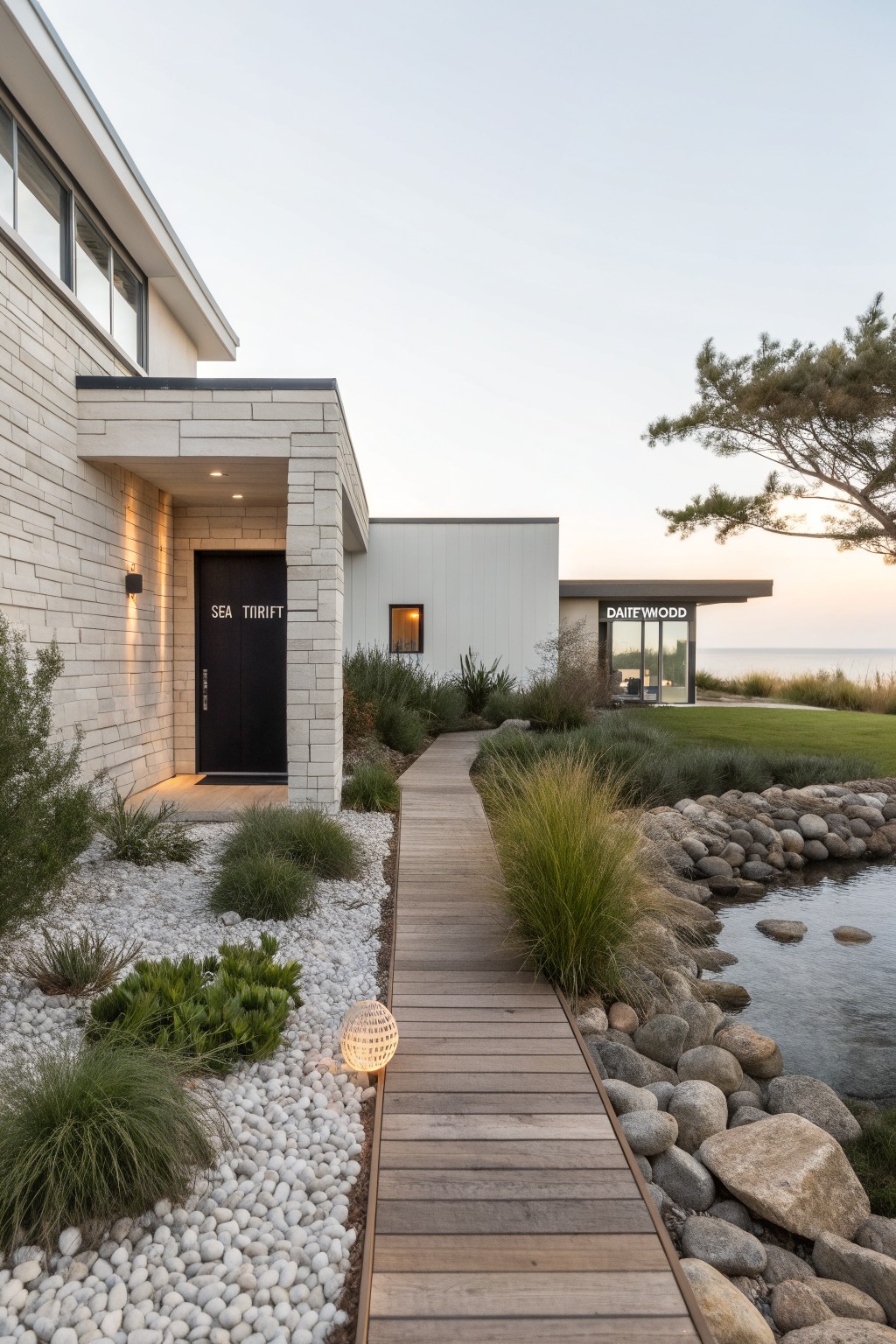 Modern house exterior with beige stone walls, black front door labeled SEA THRIFT, wooden boardwalk path winding through white pebble beds, grasses, large rocks around a pond, and beach grass in the background.