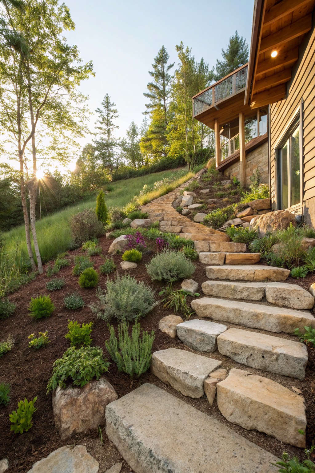 Winding staircase of large irregular sandstone steps ascends a rocky, planted hillside toward a wooden house with deck, surrounded by trees, shrubs, grasses, and mulch beds in late afternoon sunlight.