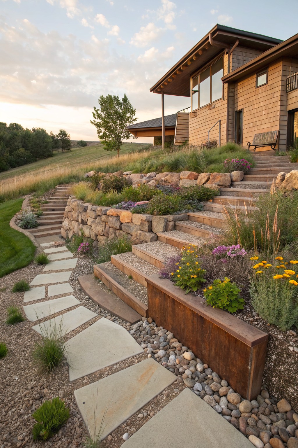 Cedar house on a hillside at sunset with dry-stacked boulder retaining walls, integrated stone and wood steps, gravel paths, and plantings of grasses, flowers, and shrubs.