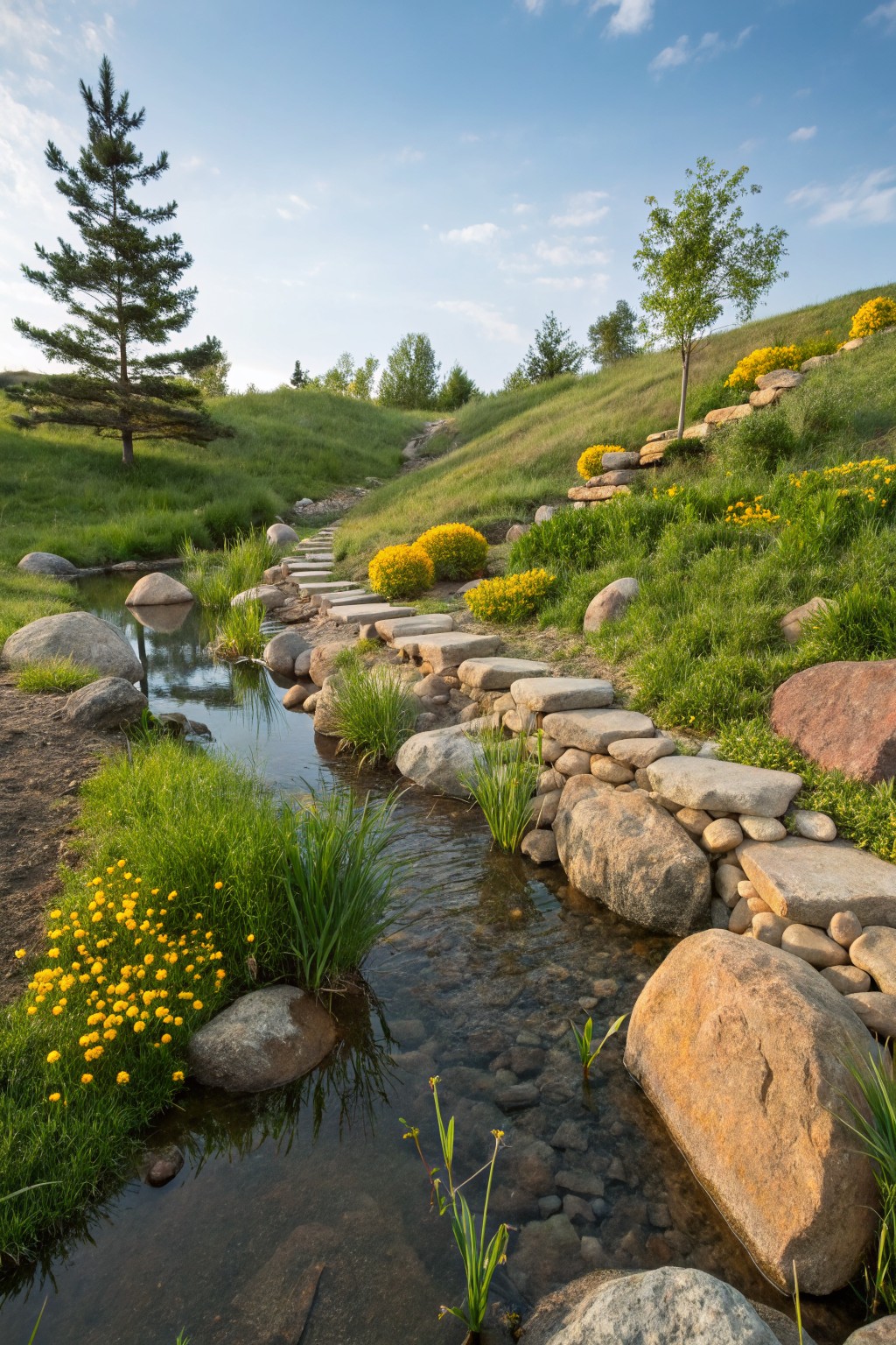 Stone stepping path crosses a shallow stream on a grassy hillside with large boulders, yellow flowers, green grasses, and trees in the background.
