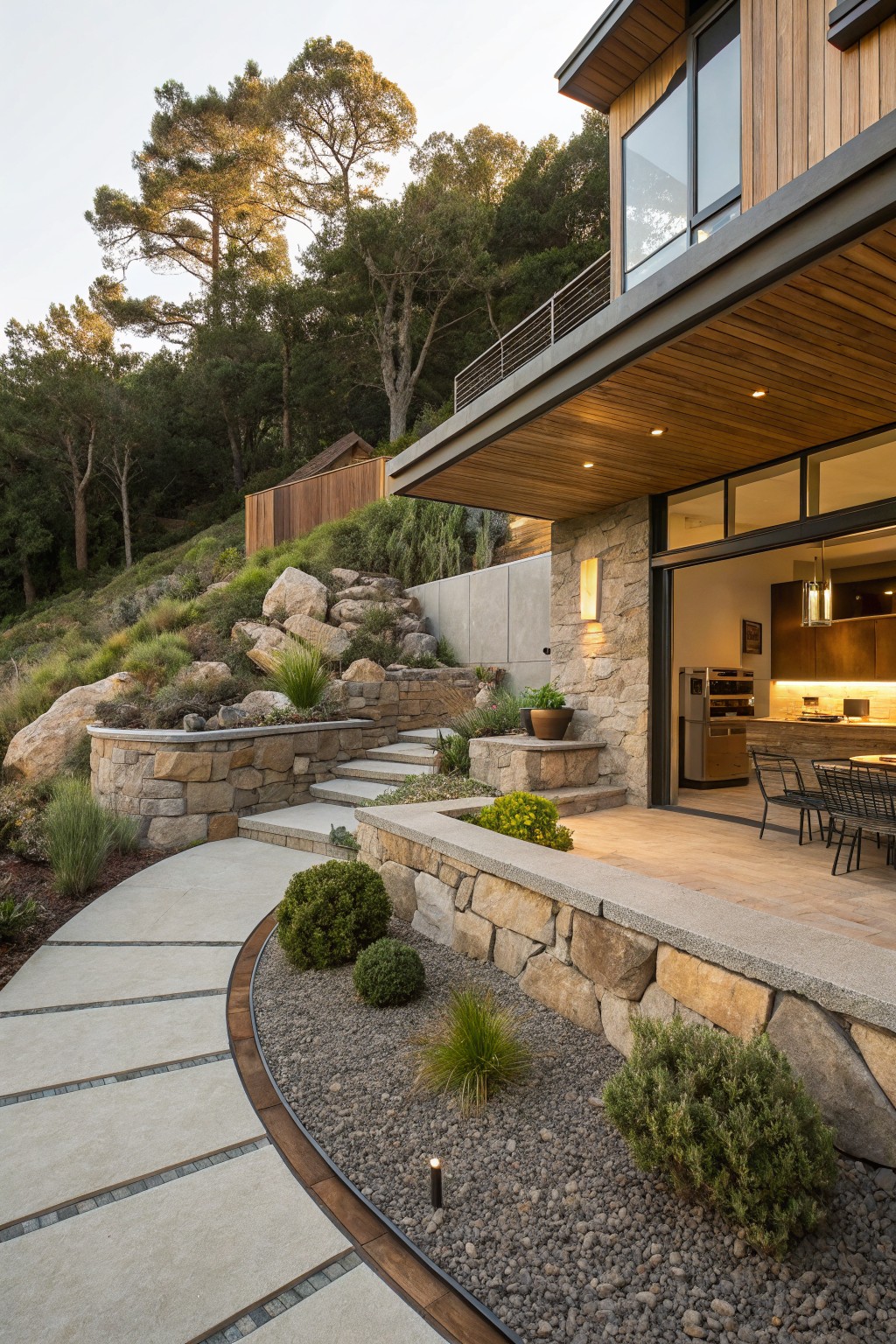 Hillside next to a modern wood-and-stone house featuring tall stone retaining walls with boulders and plants, concrete steps, curving concrete path with gravel beds, and an open patio with dining area and kitchen.