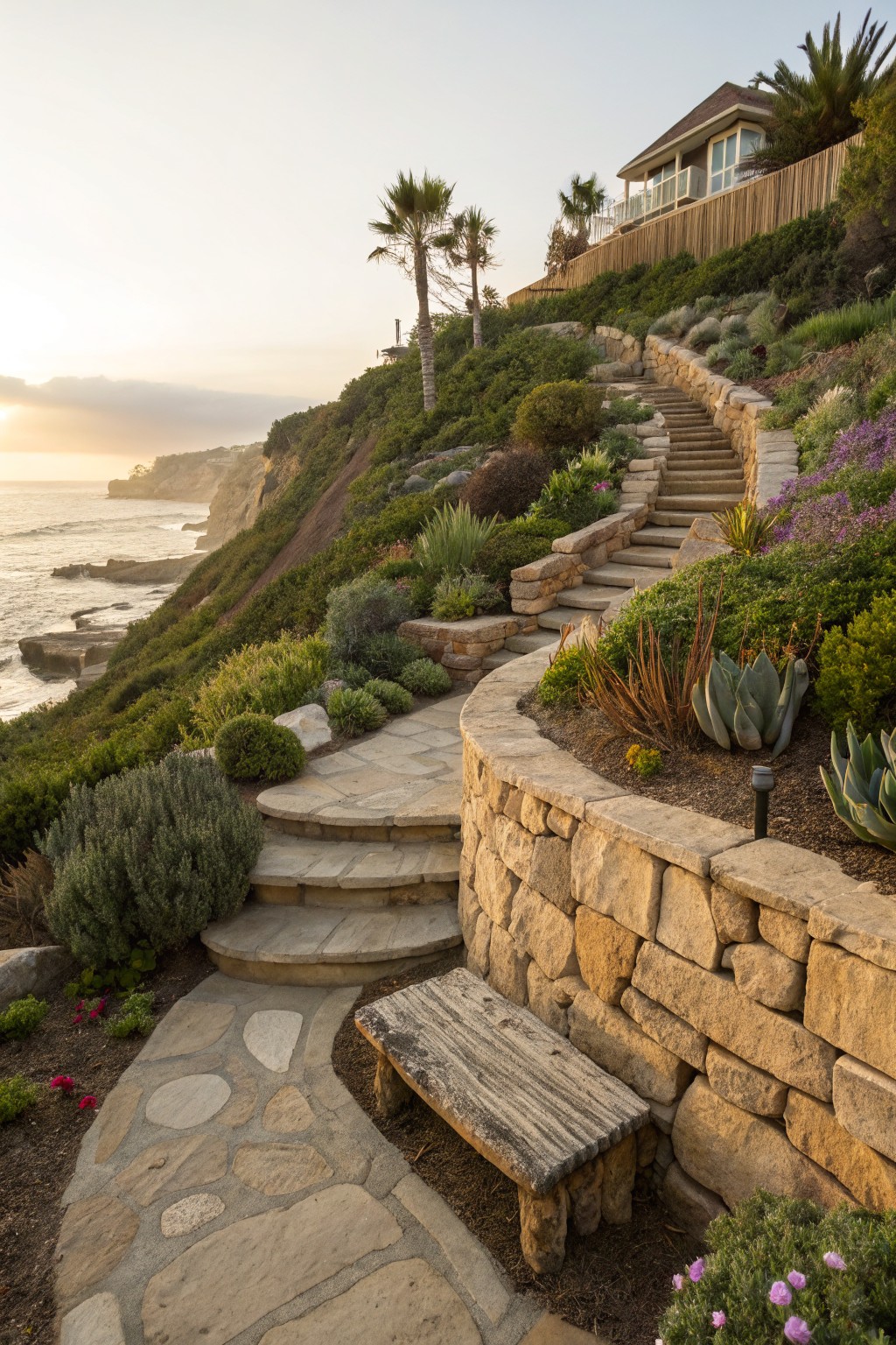 Steep coastal hillside with curved dry-stacked stone retaining walls, wide stone steps, drought-tolerant plants including agaves and grasses, a wooden bench, and a path leading to a house overlooking the ocean at sunset.