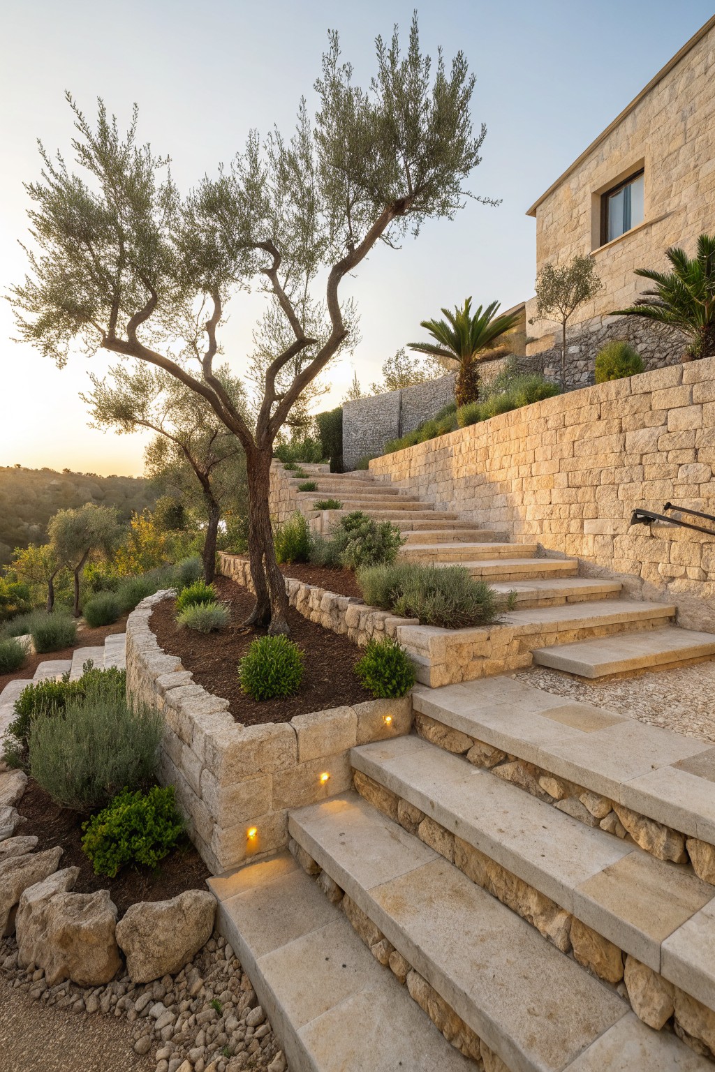 Stone steps integrated into terraced retaining walls on a hillside, with olive trees, shrubs, and gravel beds leading to a stone house.