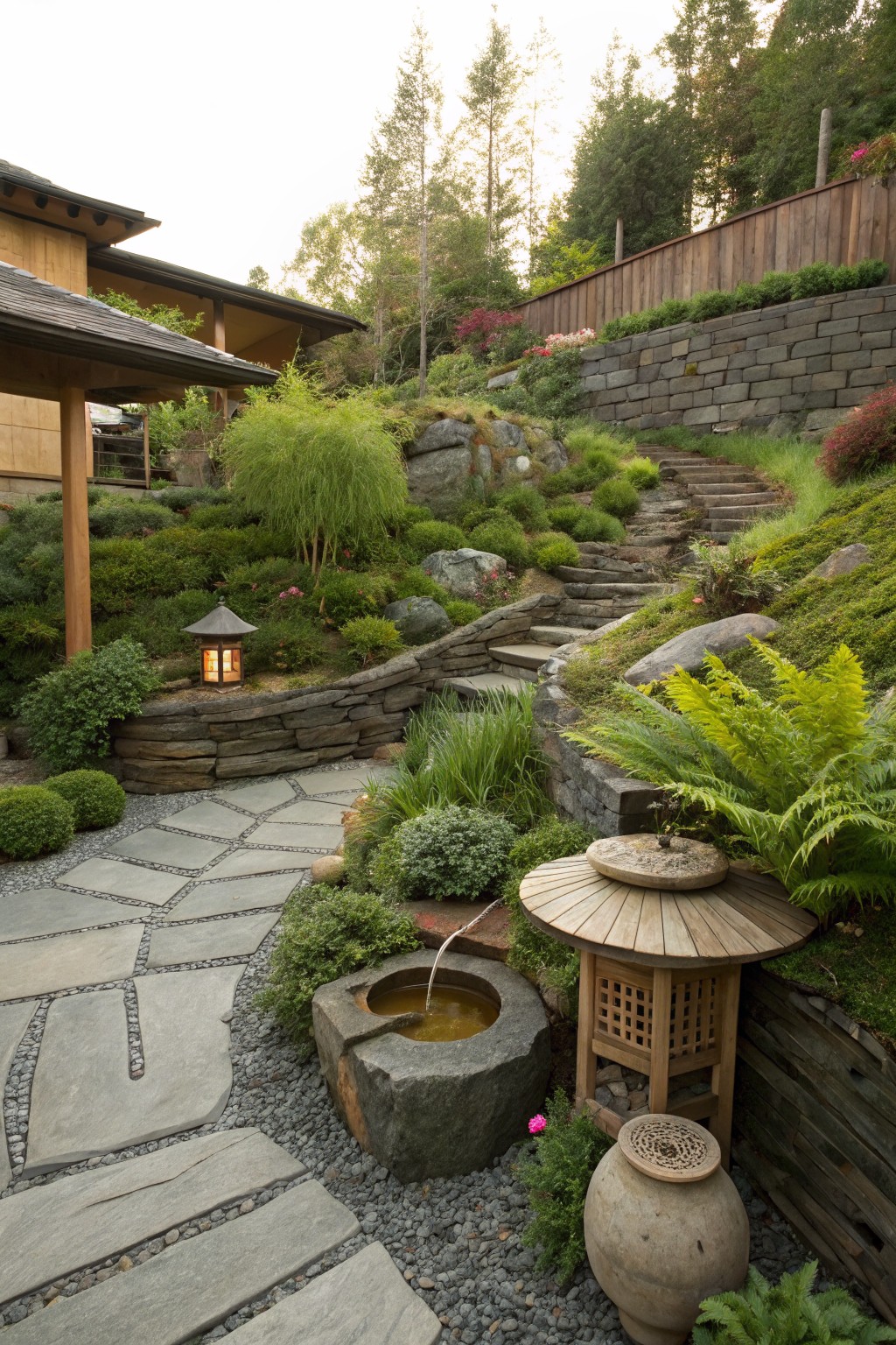 Sloped garden with dry-stacked stone retaining walls forming terraces, irregular stone steps leading uphill, flagstone path, stone fountain, lanterns, ferns, grasses, and trees beside a wooden house structure.